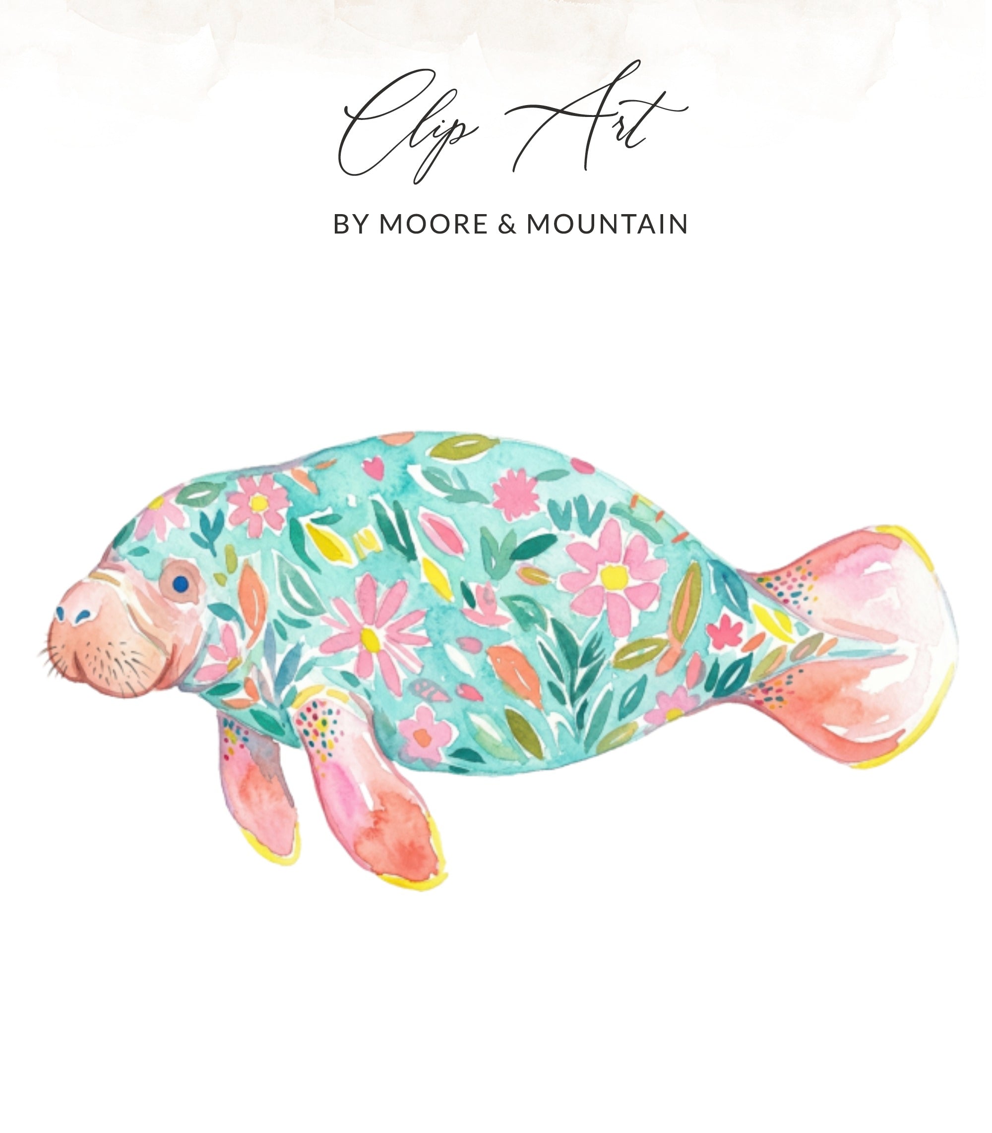 Watercolor manatee illustration with floral pattern by Moore & Mountain.