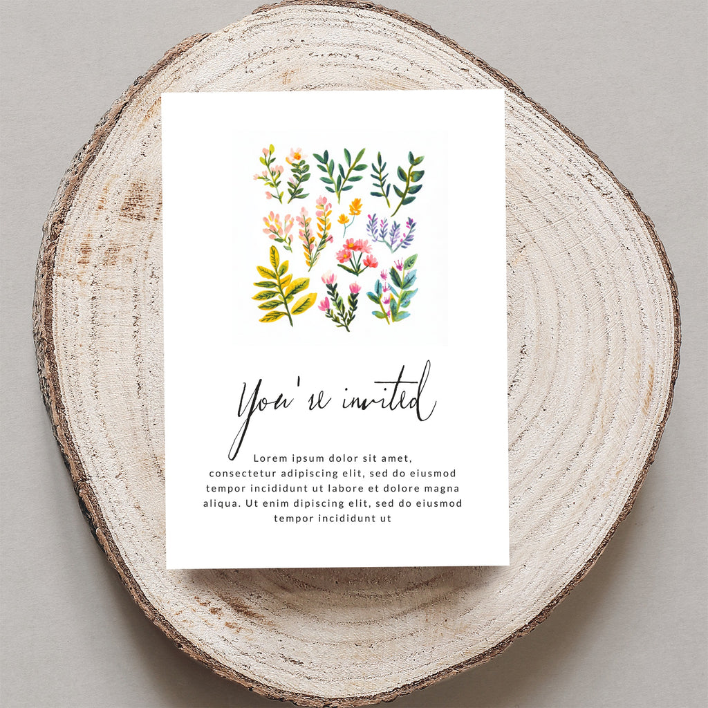 Invitation card with floral illustrations and "You're invited" text.