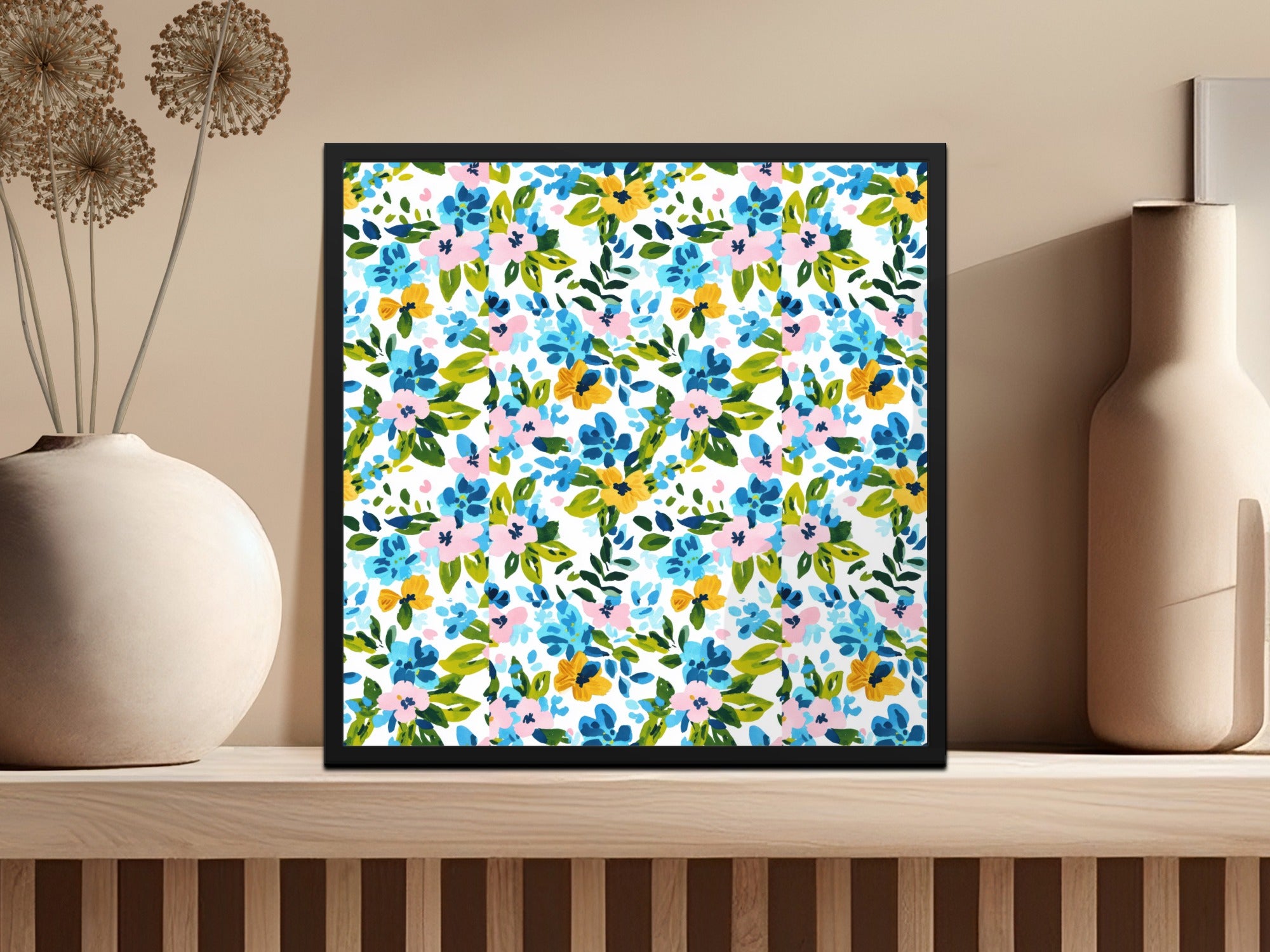 Floral pattern with blue, pink, and yellow flowers in a black frame.