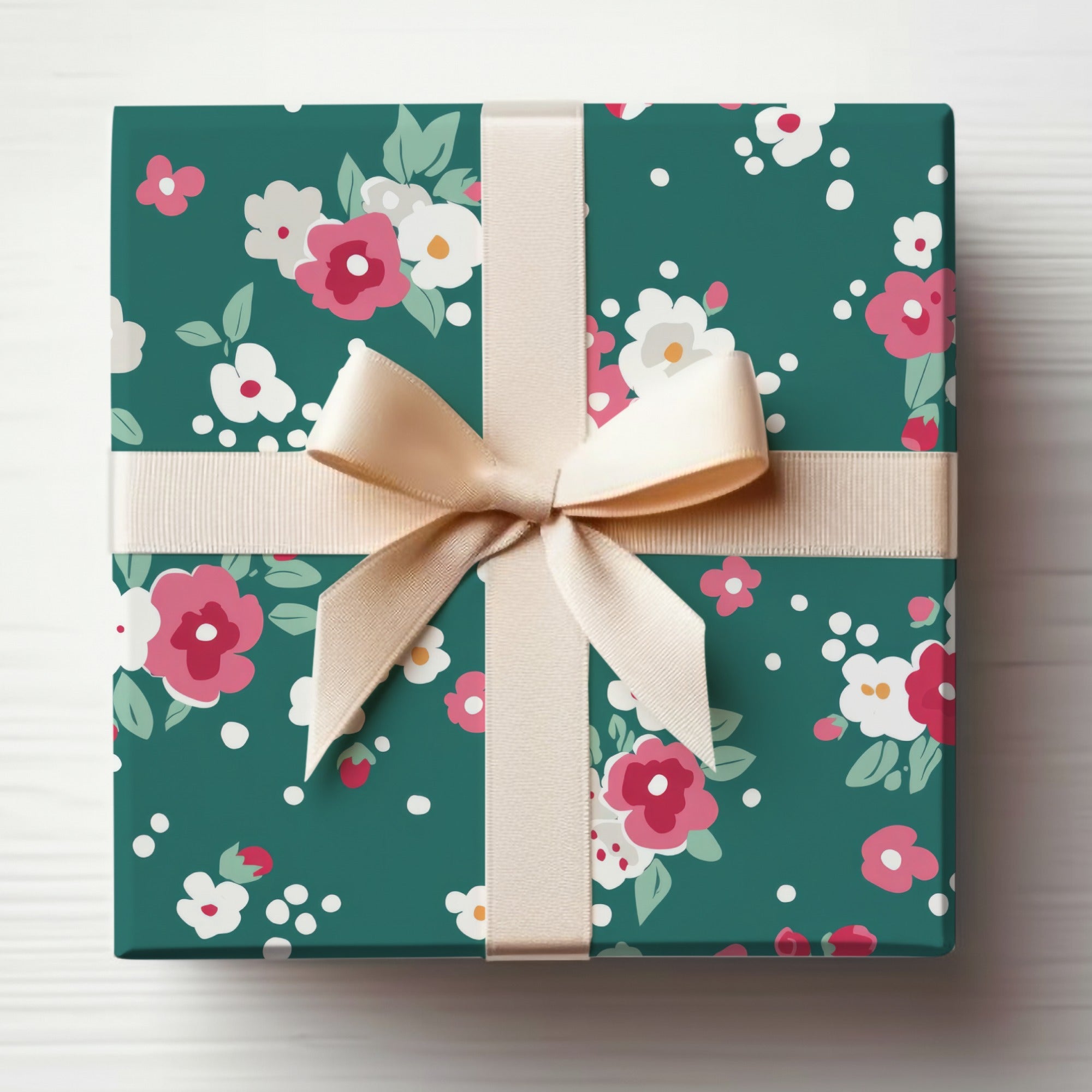 Floral Gift Box With Pink and White Ribbon Wrap
