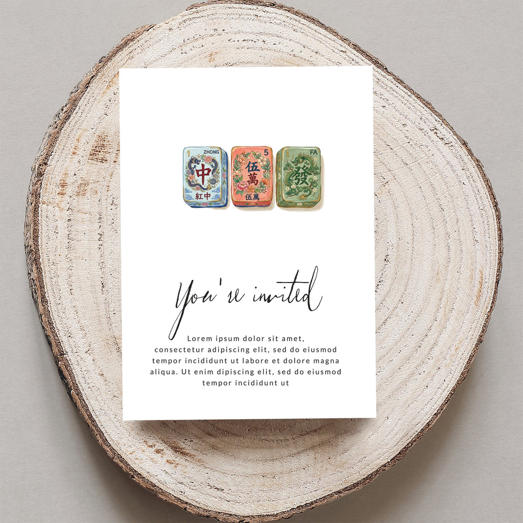 Invitation card with three Mahjong tiles and placeholder text.