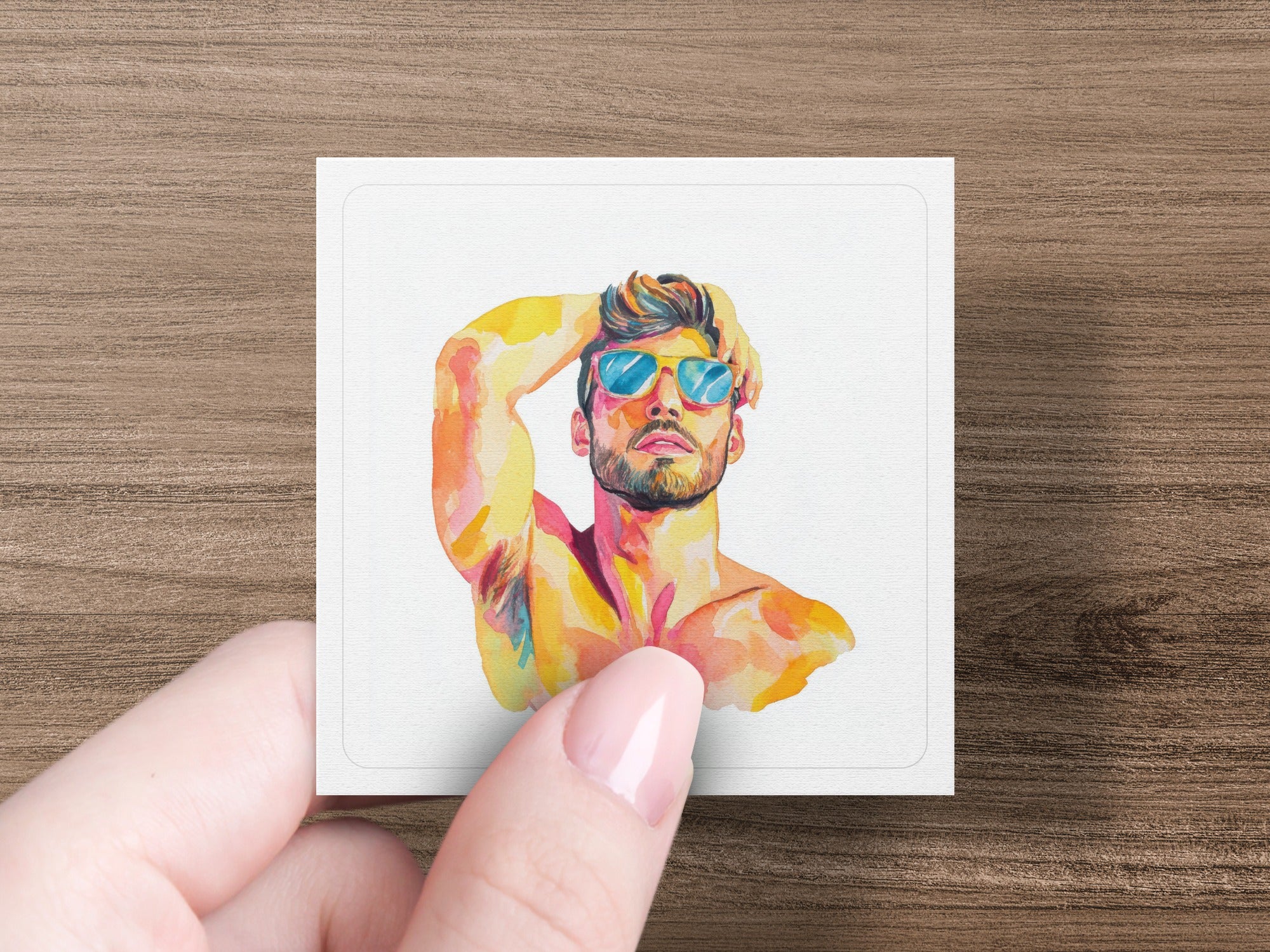 Watercolor illustration of a man with sunglasses, held by a hand.