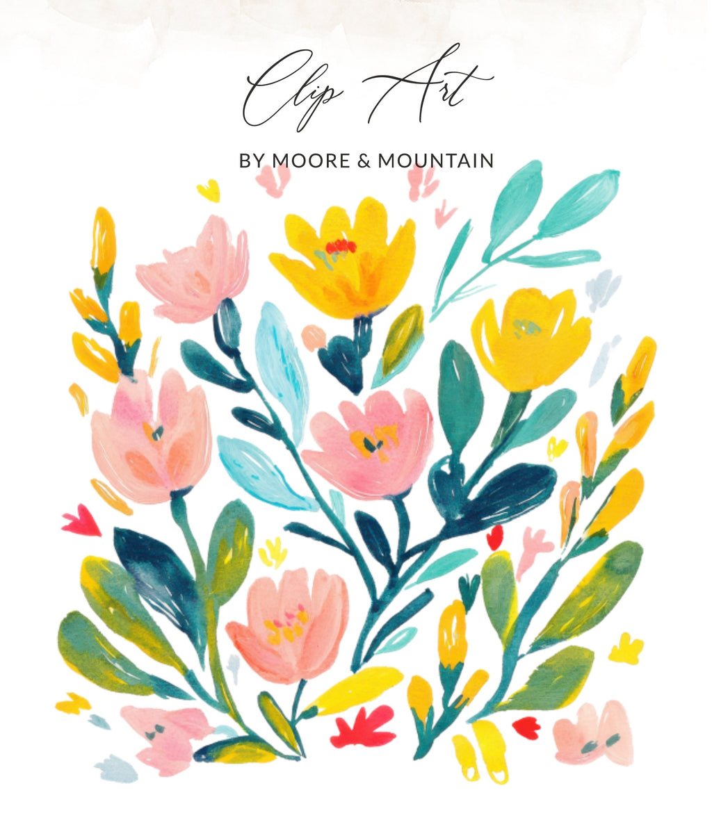 Watercolor floral illustration with "Clip Art" and "BY MOORE & MOUNTAIN" text.