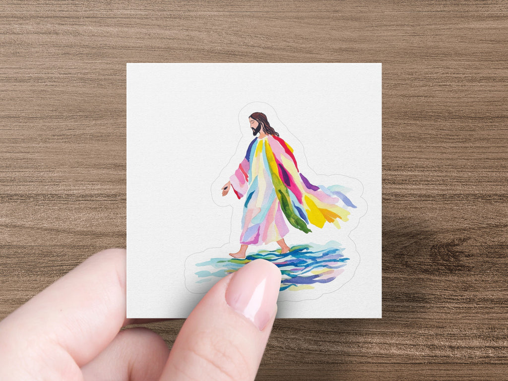 Jesus walking on colorful water.