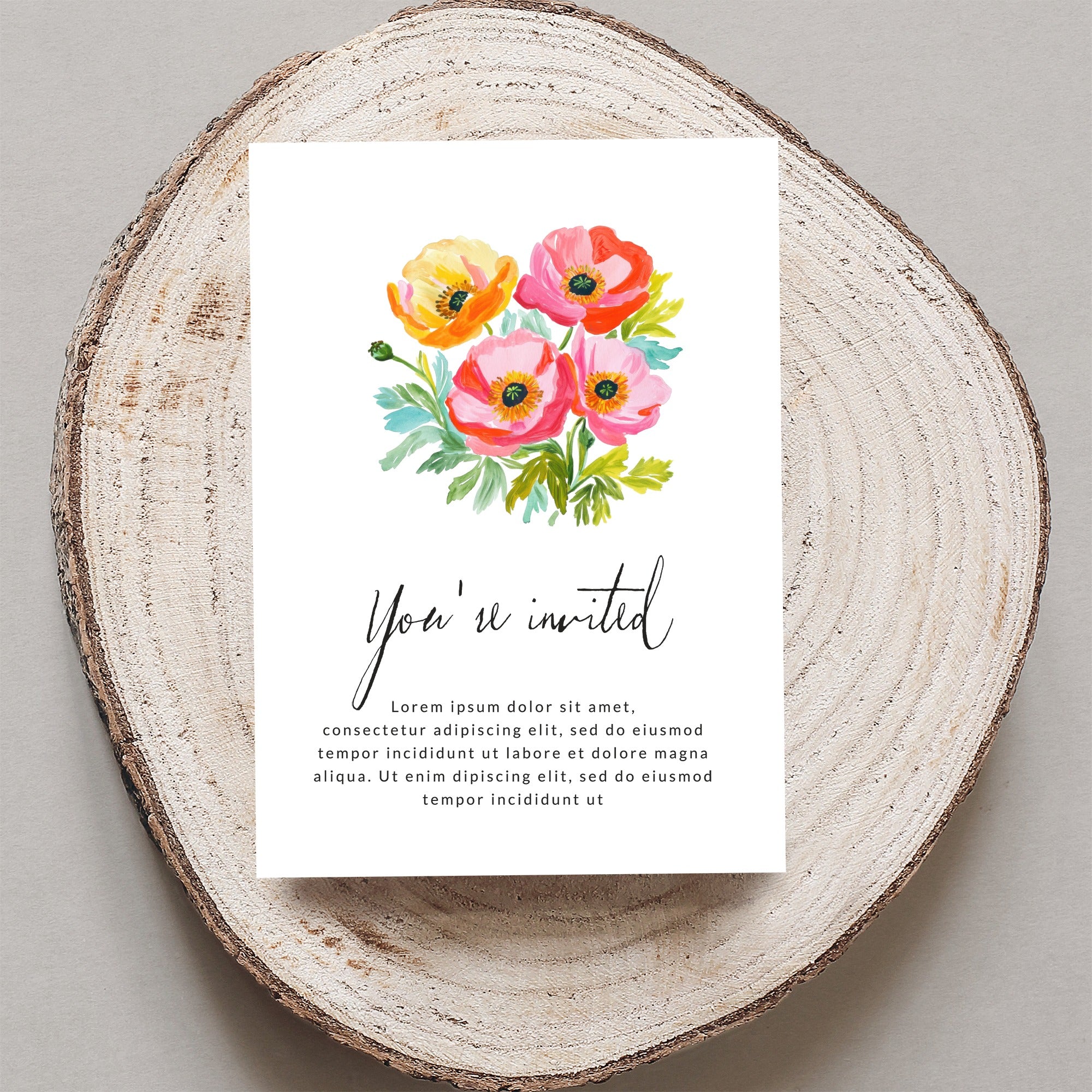 Floral invitation card with "You're invited" text.