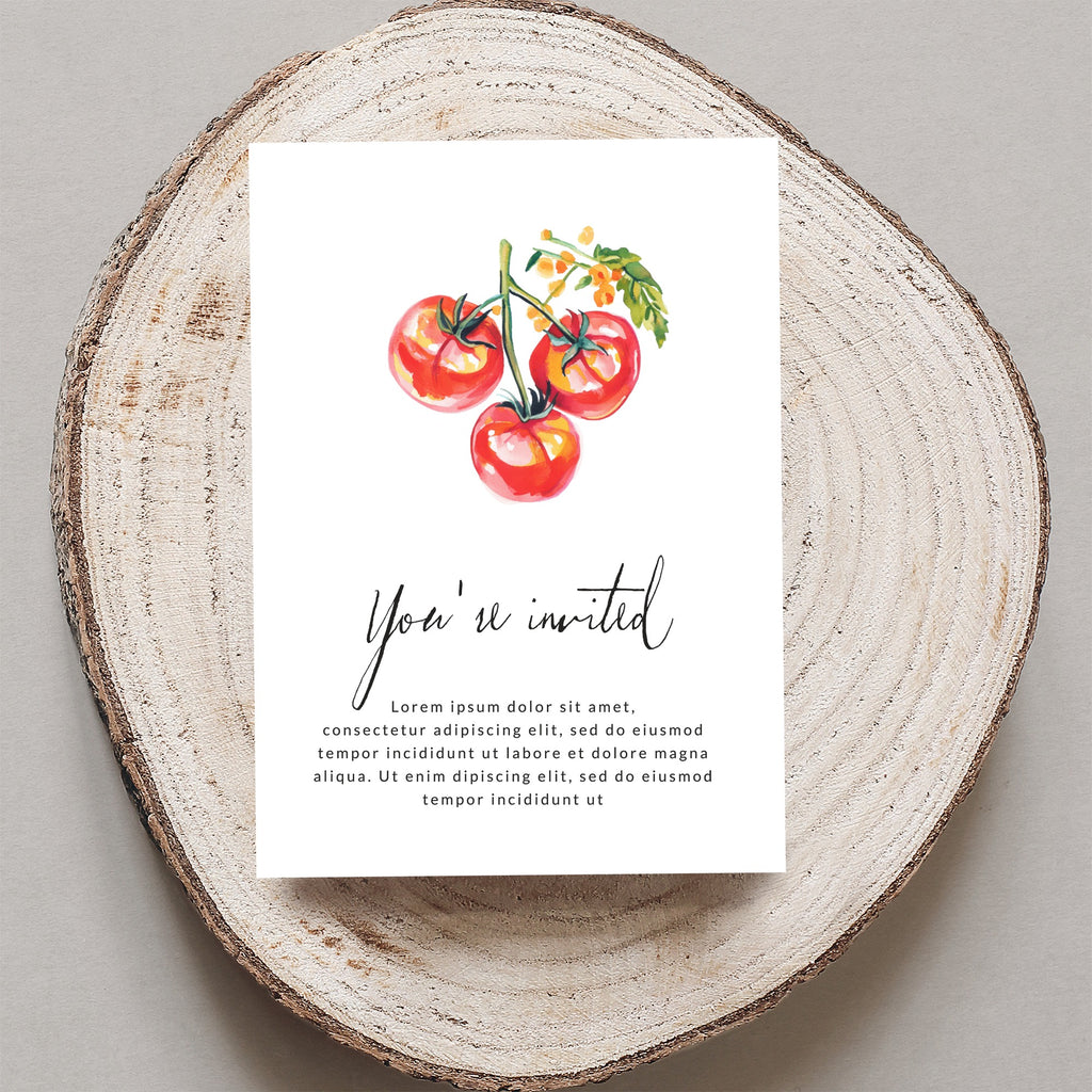 Invitation card with watercolor tomatoes and placeholder text.