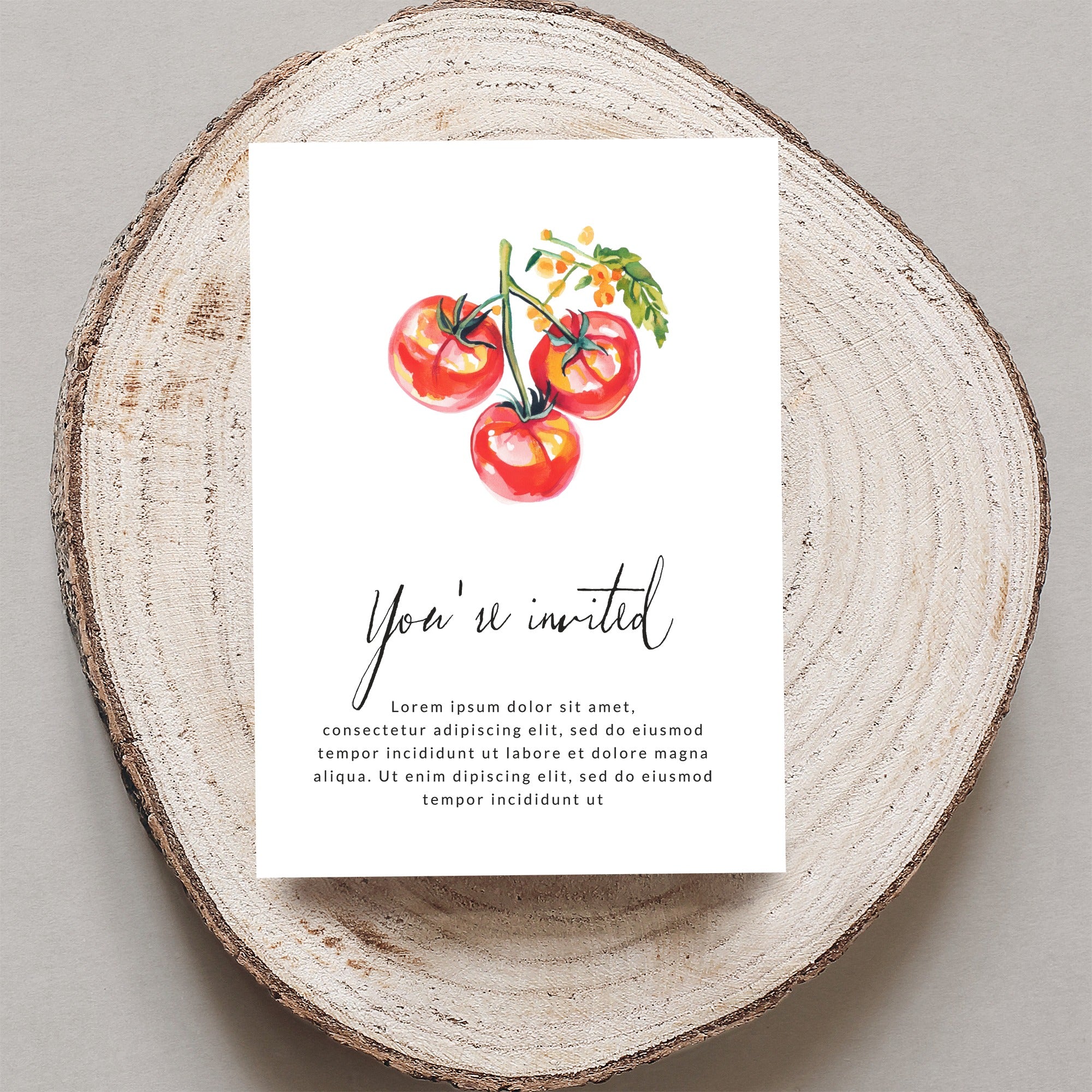 Invitation card with watercolor tomatoes and placeholder text.