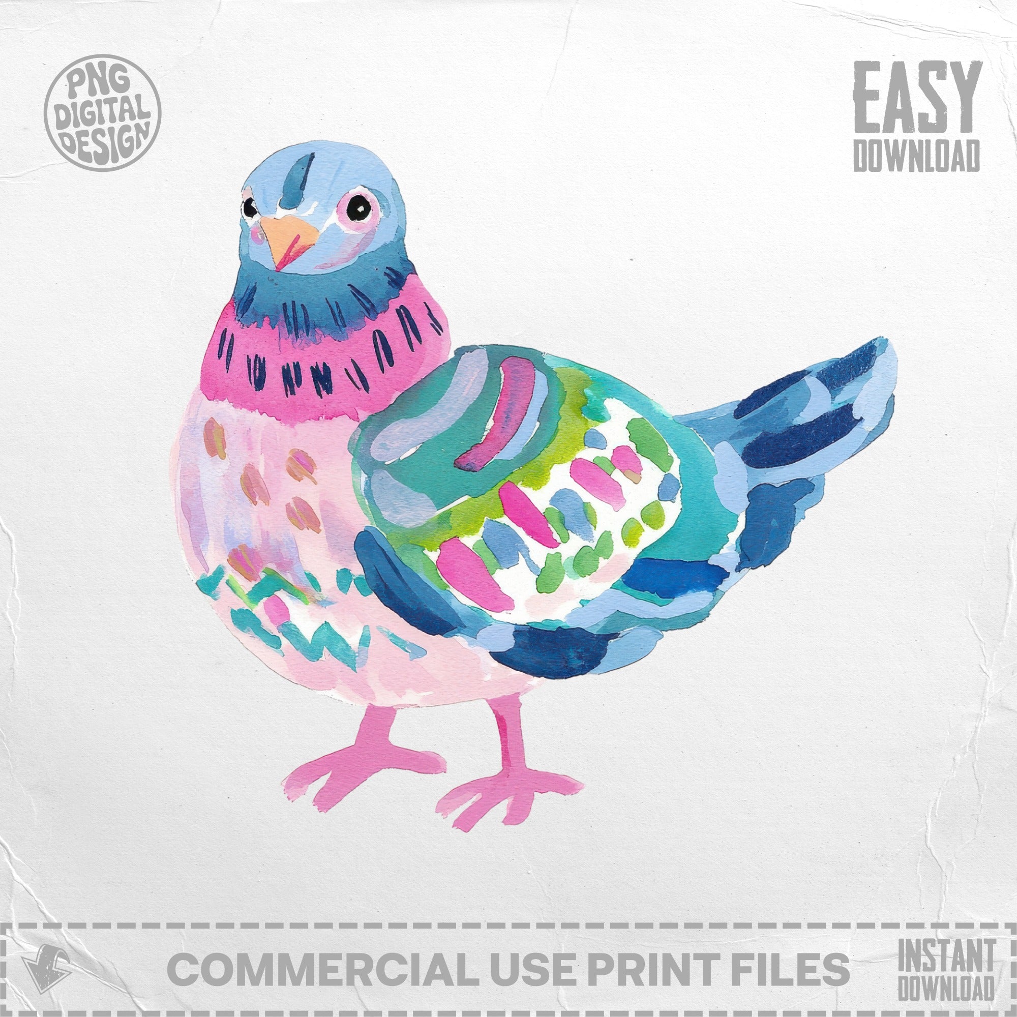 Whimsical watercolor illustration of a colorful bird with pink, blue, and green accents.