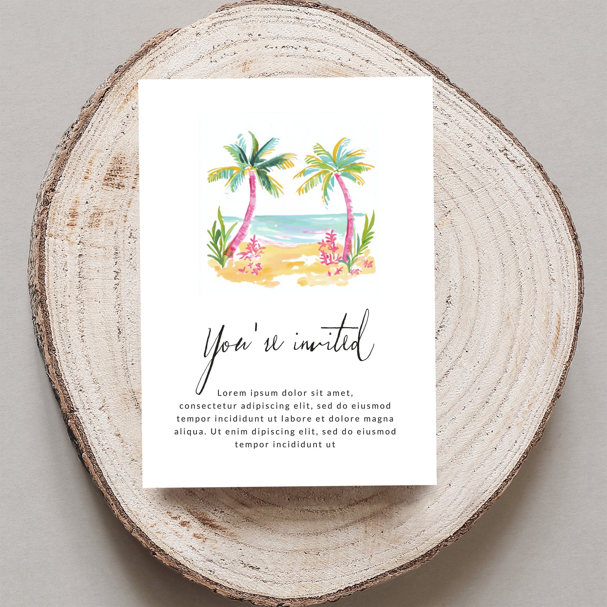Invitation with palm trees on beach and placeholder text.