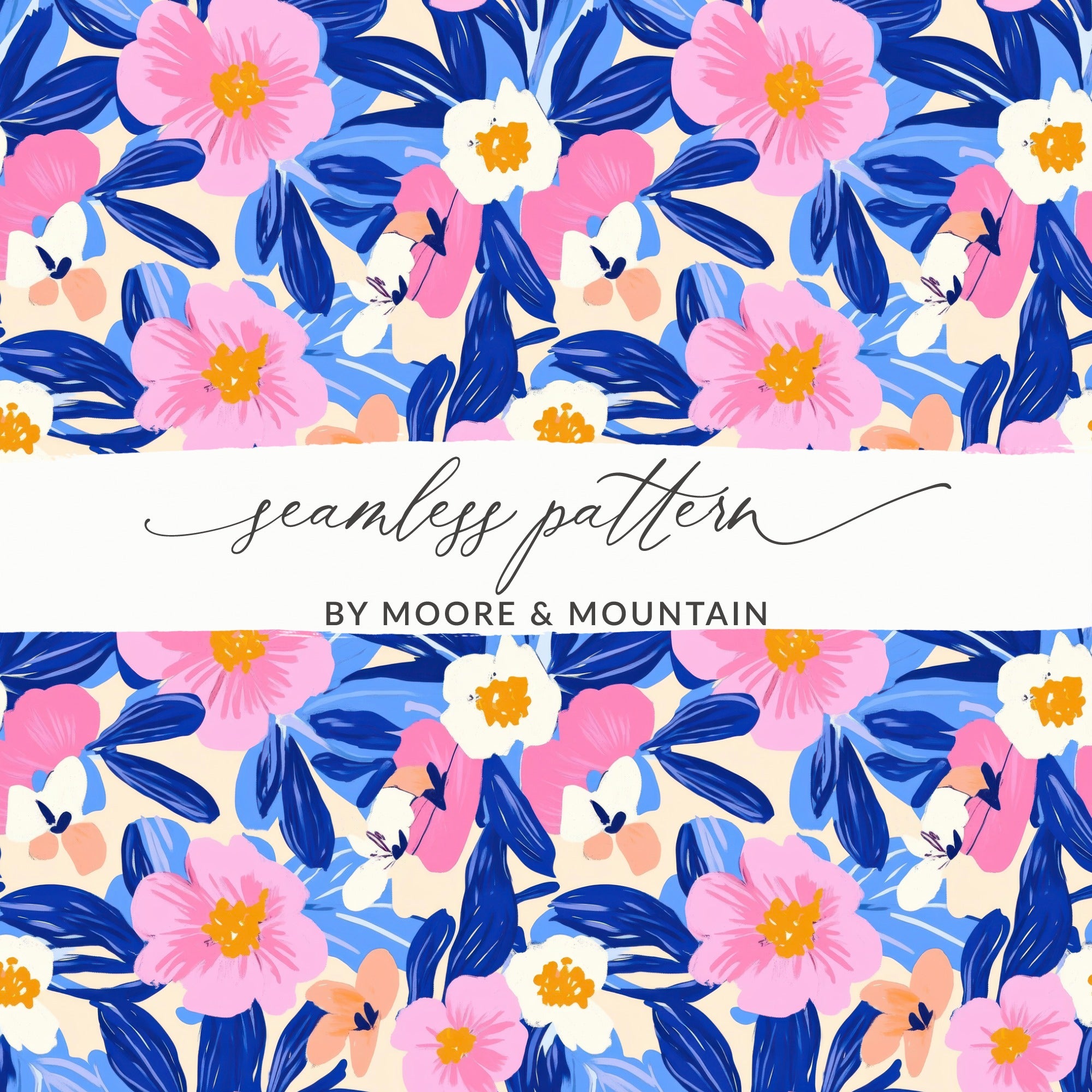 Seamless pattern with pink, white, and blue floral motifs.