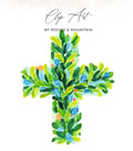 Watercolor cross with green leaves and blue berries.