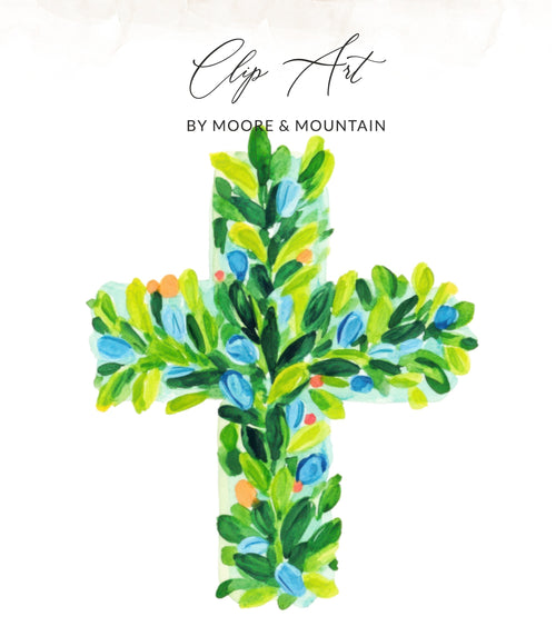 Watercolor cross with green leaves and blue berries.