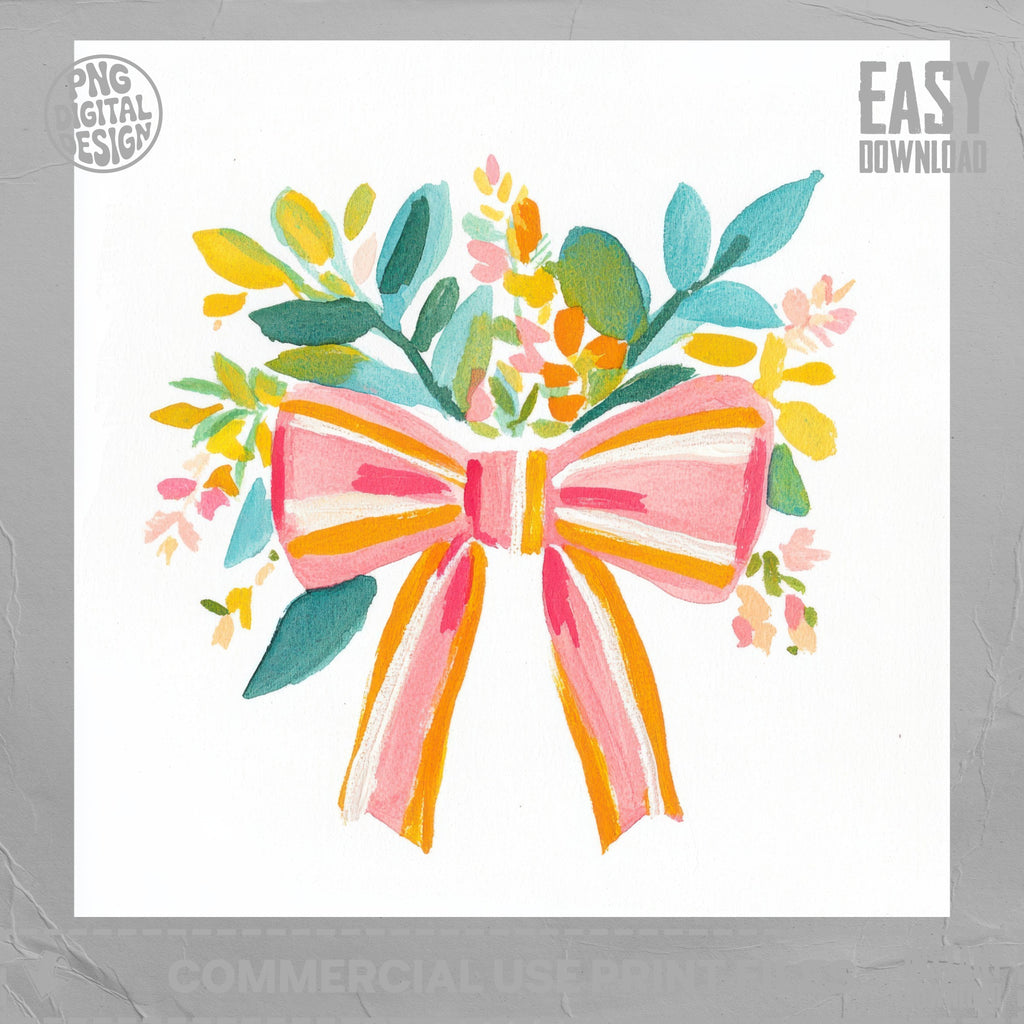 Pink and orange bow with floral watercolor elements, easy download.