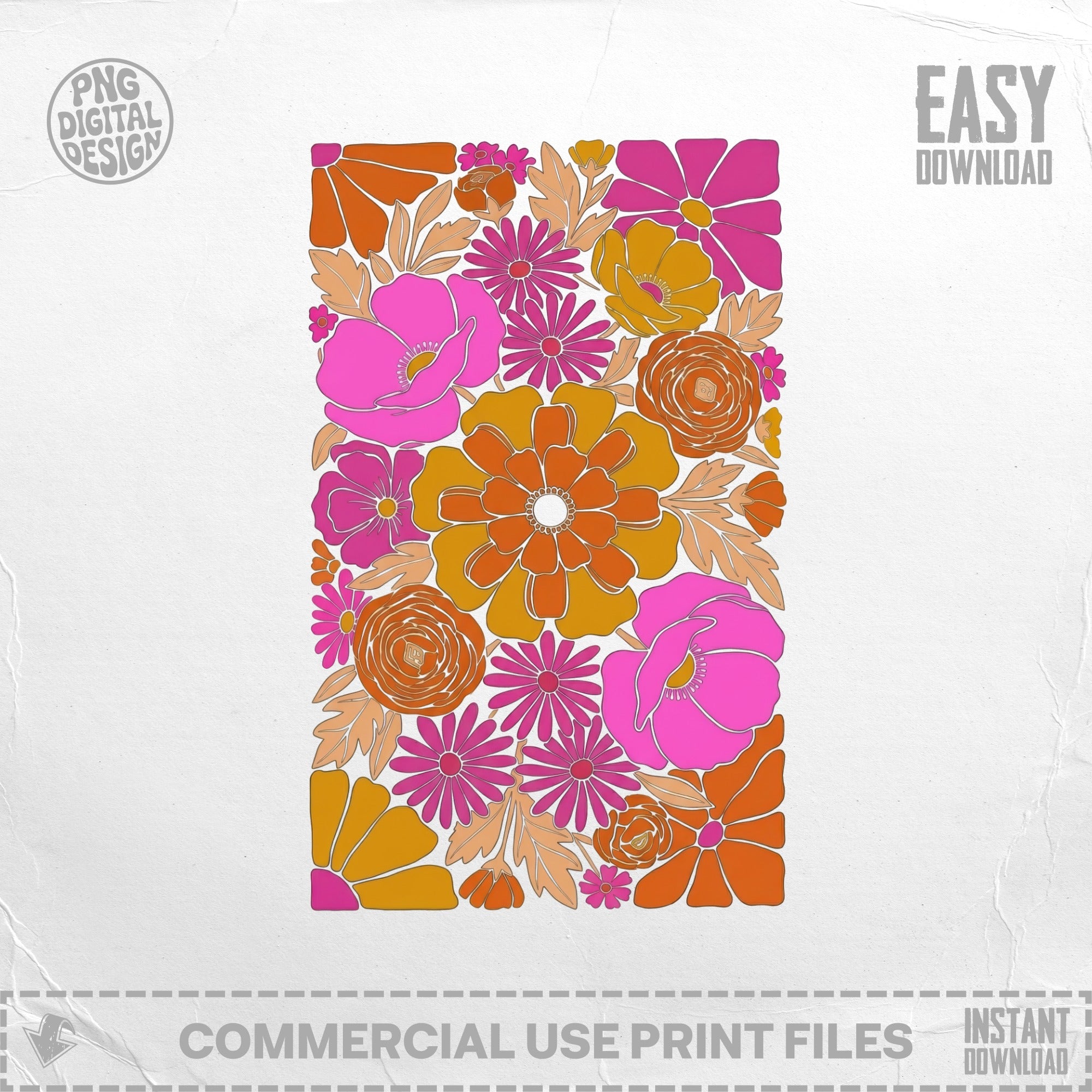 Retro floral pattern with pink, orange, and yellow flowers.