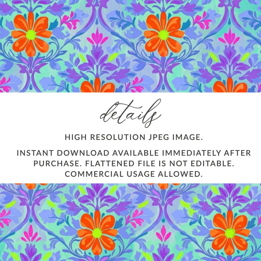 Floral pattern in blue, purple, and orange with text details.