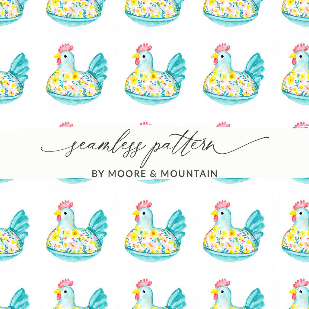 Seamless Pattern By Moore & Mountain Teal Floral Chicken product type
Chicken, Floral, Pattern, Watercolor, Seamless, Bird, Farm animal, Teal chicken, Blue chicken, Yellow flowers, Pink flowers, Spring design, Cheerful pattern, Cute illustration, Digital pattern, Fabric print, Custom design, Moore Mountain, Repeating pattern, Hen pattern