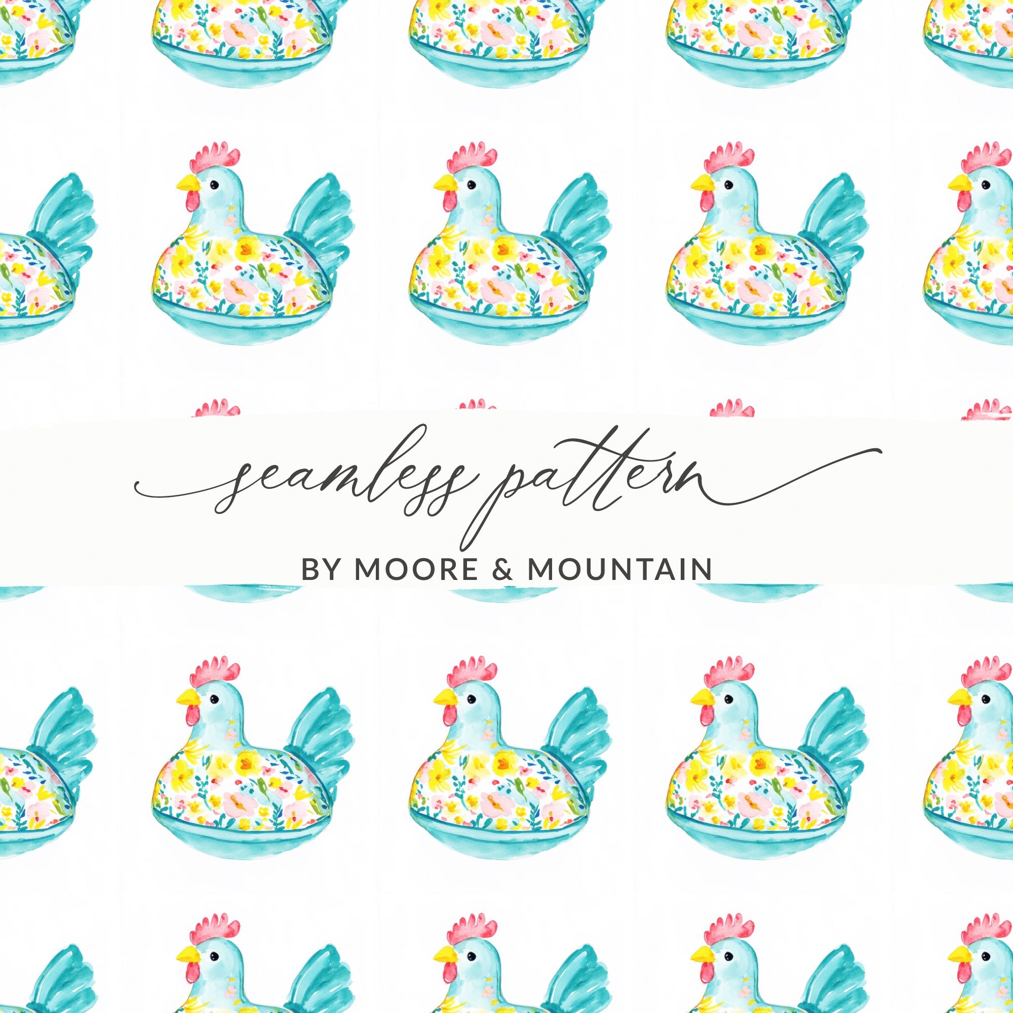 Seamless Pattern By Moore & Mountain Teal Floral Chicken product type
Chicken, Floral, Pattern, Watercolor, Seamless, Bird, Farm animal, Teal chicken, Blue chicken, Yellow flowers, Pink flowers, Spring design, Cheerful pattern, Cute illustration, Digital pattern, Fabric print, Custom design, Moore Mountain, Repeating pattern, Hen pattern