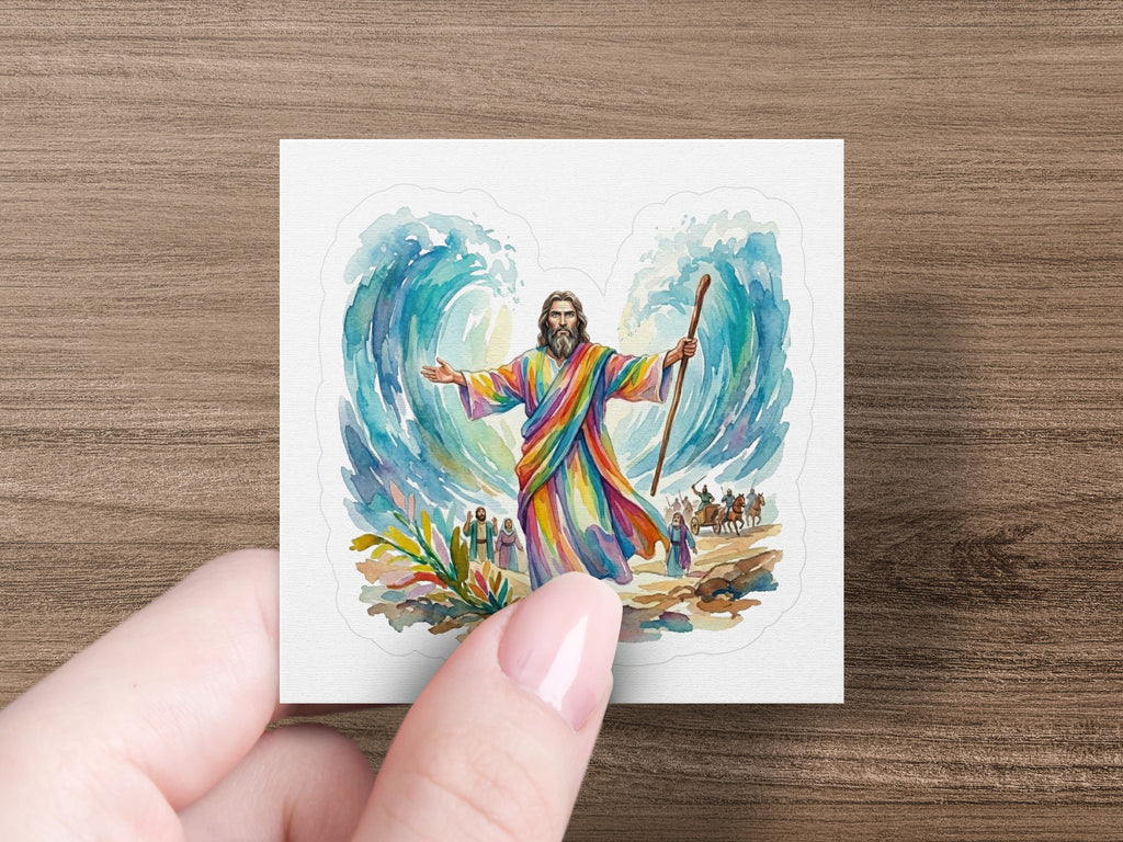 Moses parting the Red Sea with rainbow robes and a staff, people and animals in background.