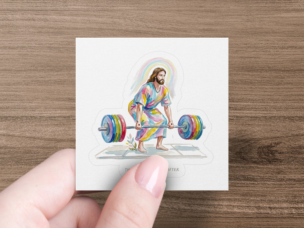 Jesus in colorful robes lifts a barbell with rainbow weights.