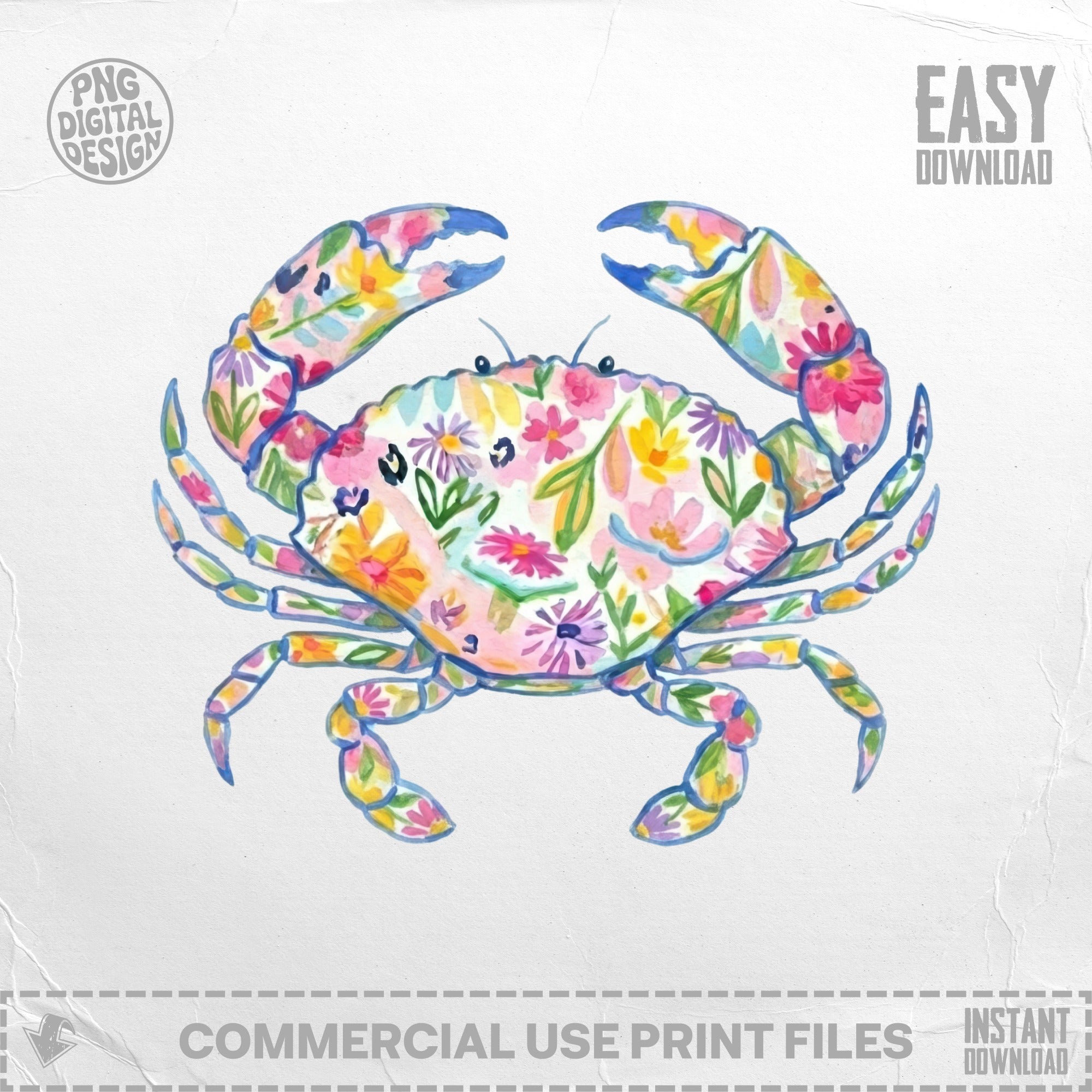 Crab illustration with floral pattern, pink and blue colors.
