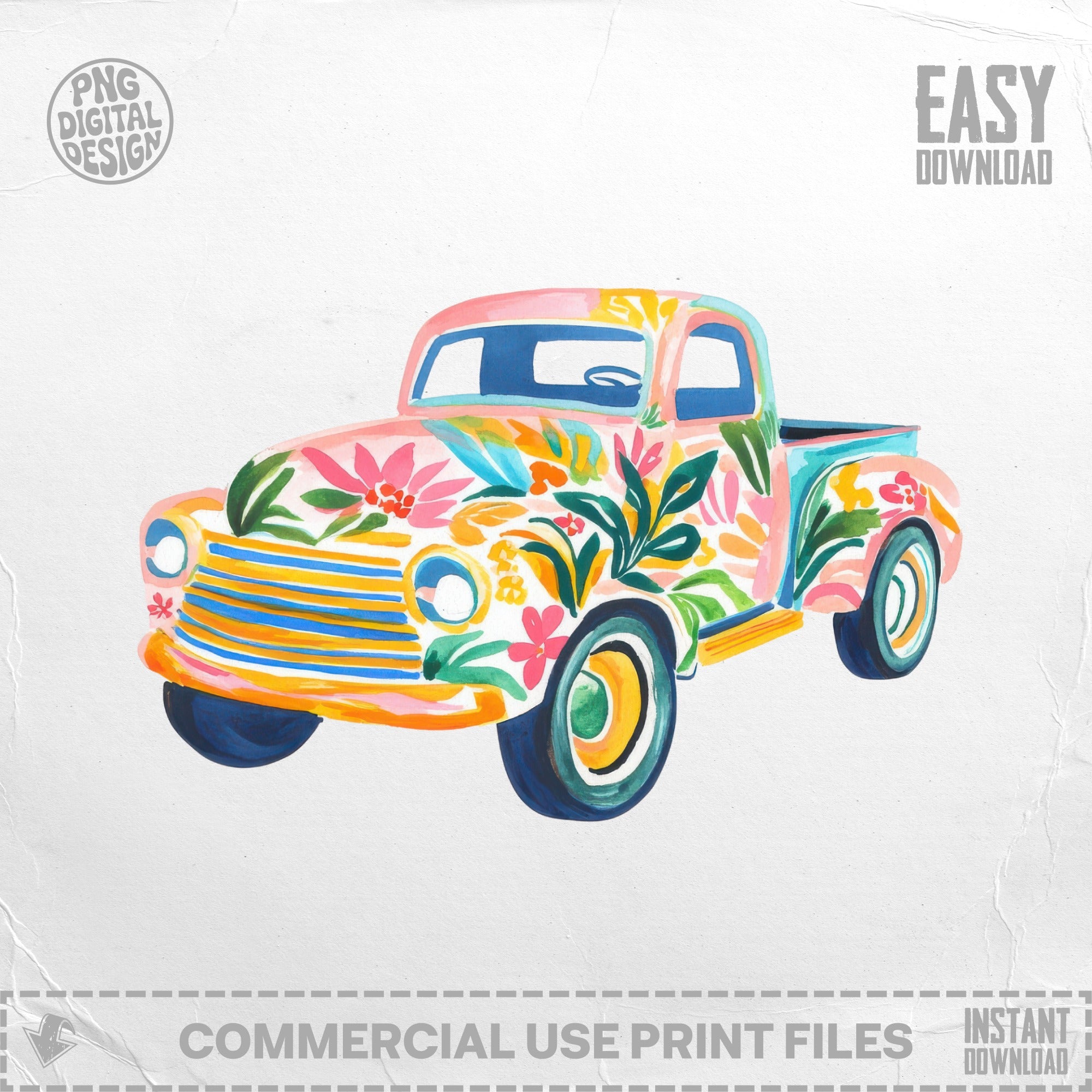 Watercolor illustration of a vintage pickup truck with colorful floral patterns.