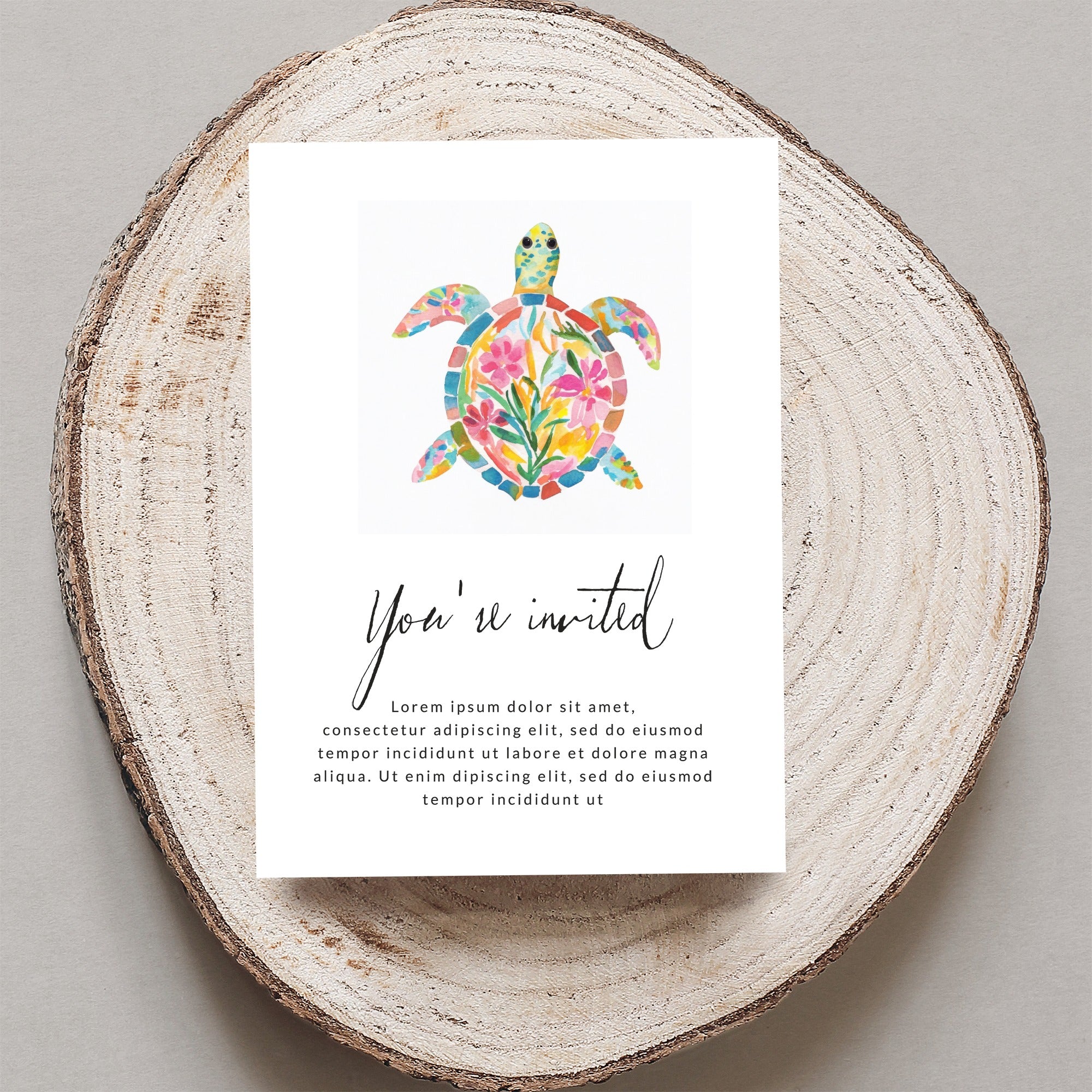 Invitation with colorful watercolor sea turtle and placeholder text.