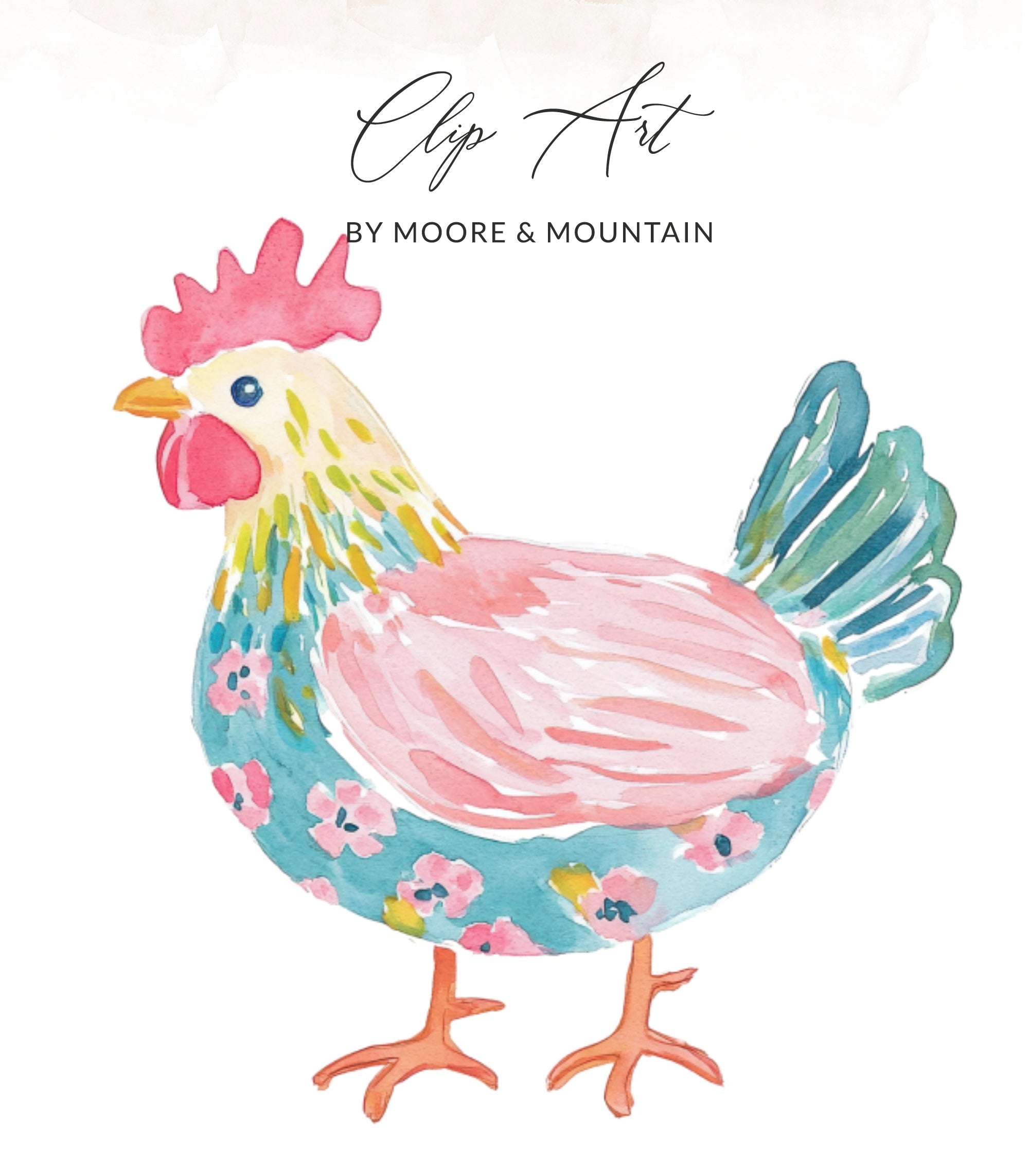 Watercolor chicken with pink body and blue floral accents.