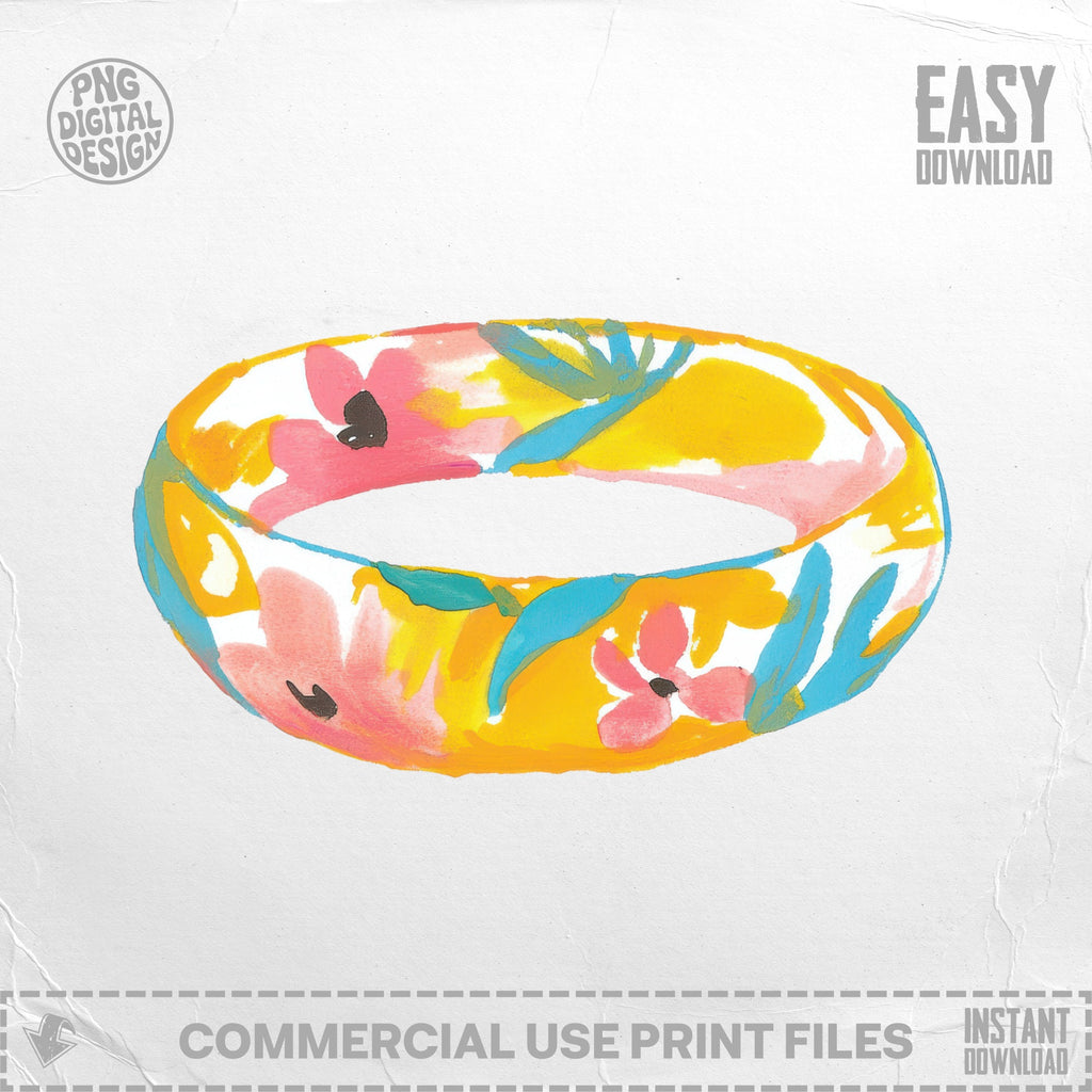 Yellow bracelet with pink flowers and blue leaves, digital download.