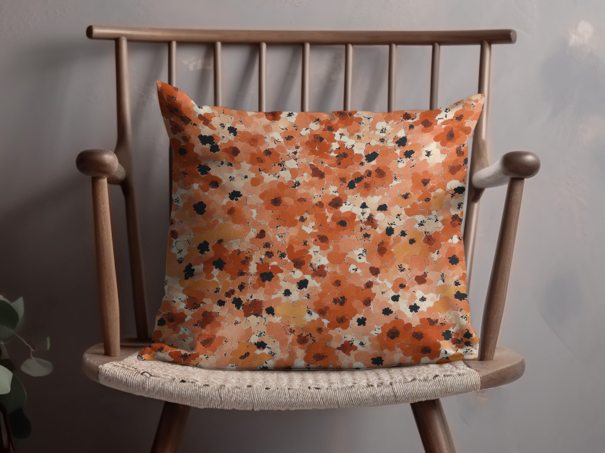 Orange and Black Floral Pattern Throw Pillow