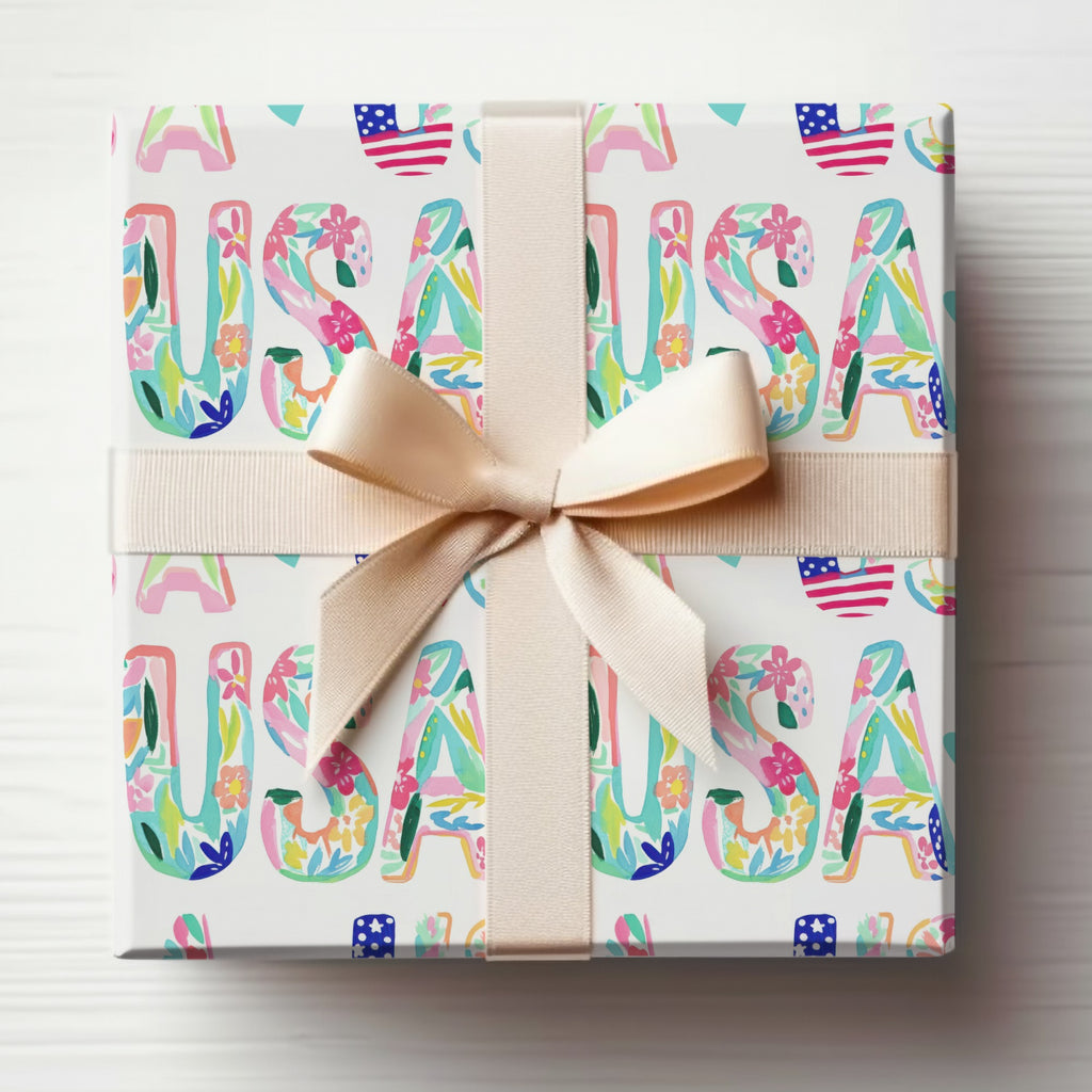 Colorful USA Design Gift Wrap with Floral Accents