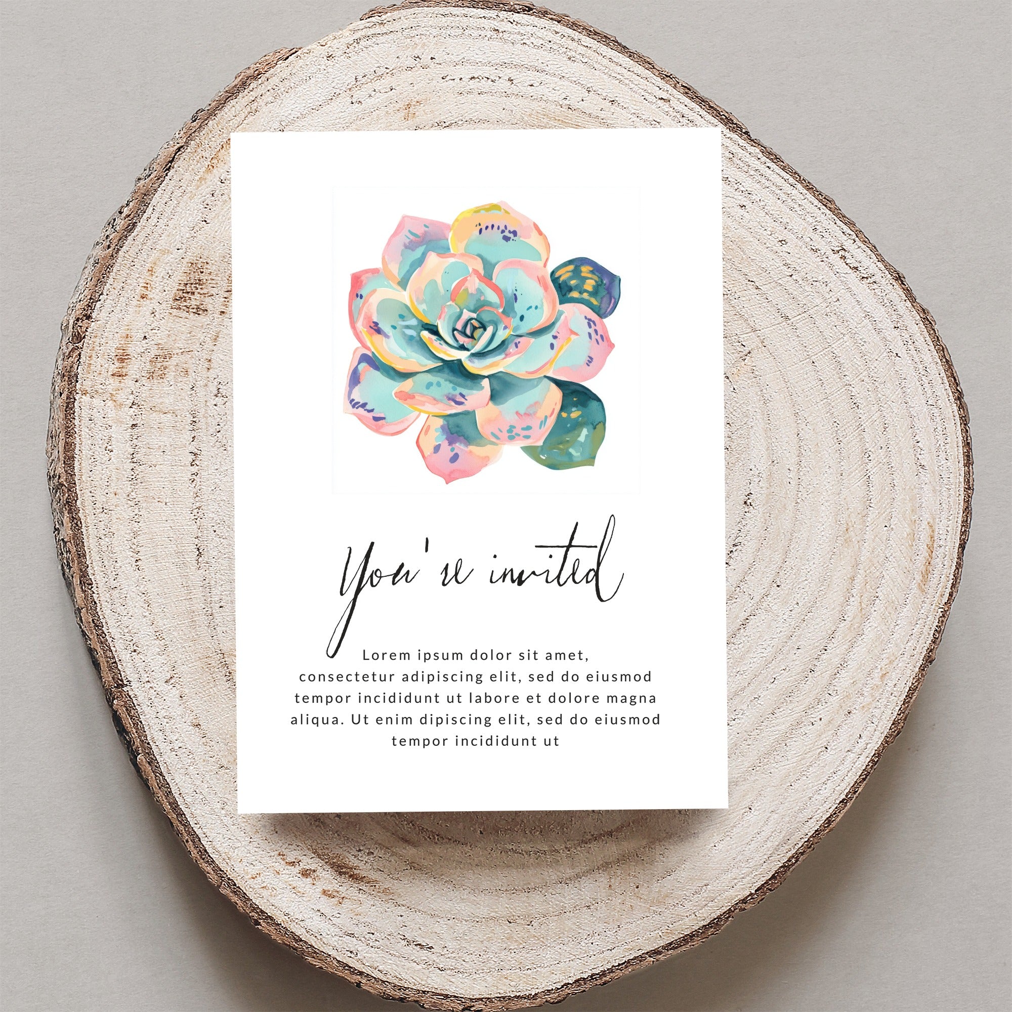 Succulent invitation with "You're invited" and placeholder text.