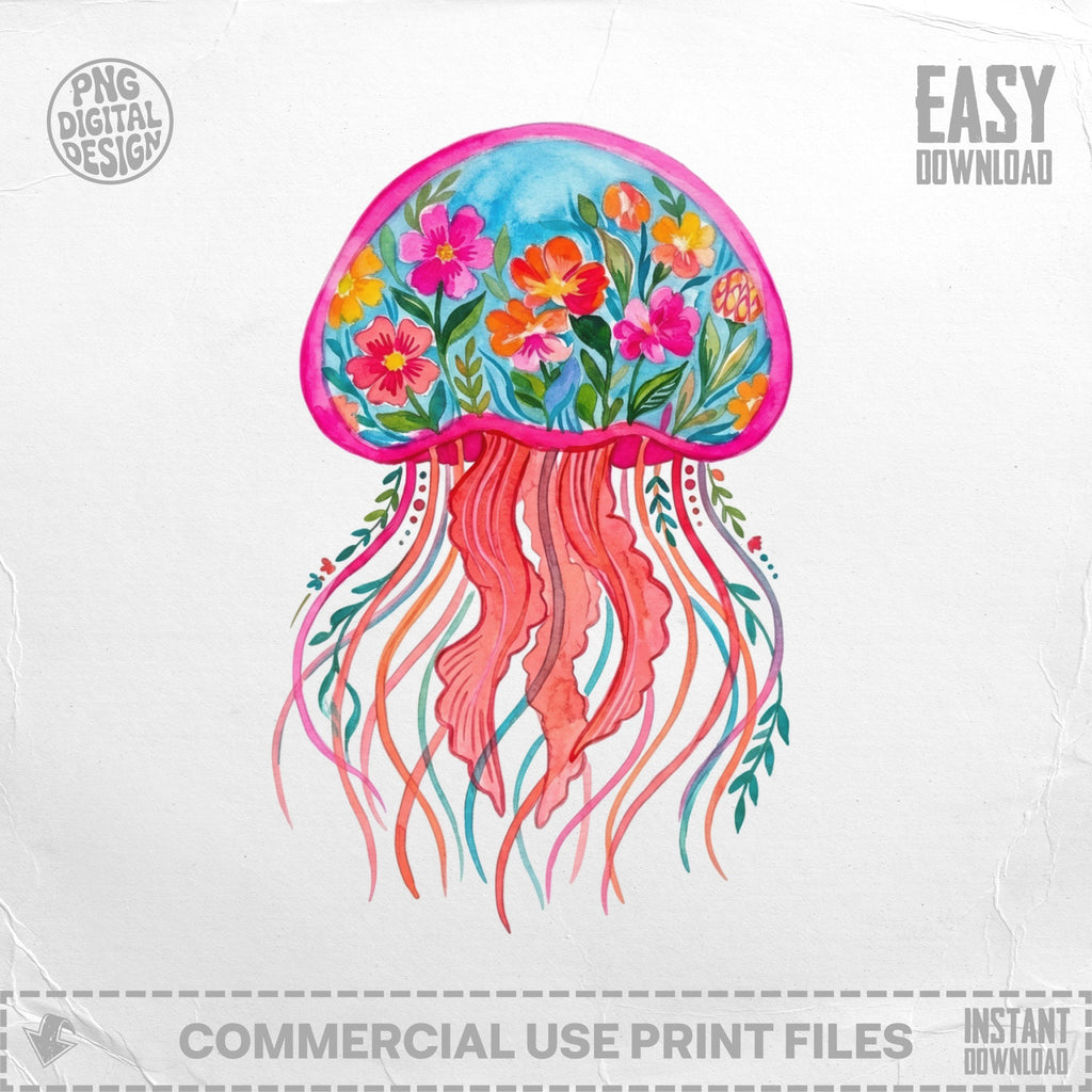 Watercolor jellyfish with colorful flowers and green vines, with "EASY DOWNLOAD" text.