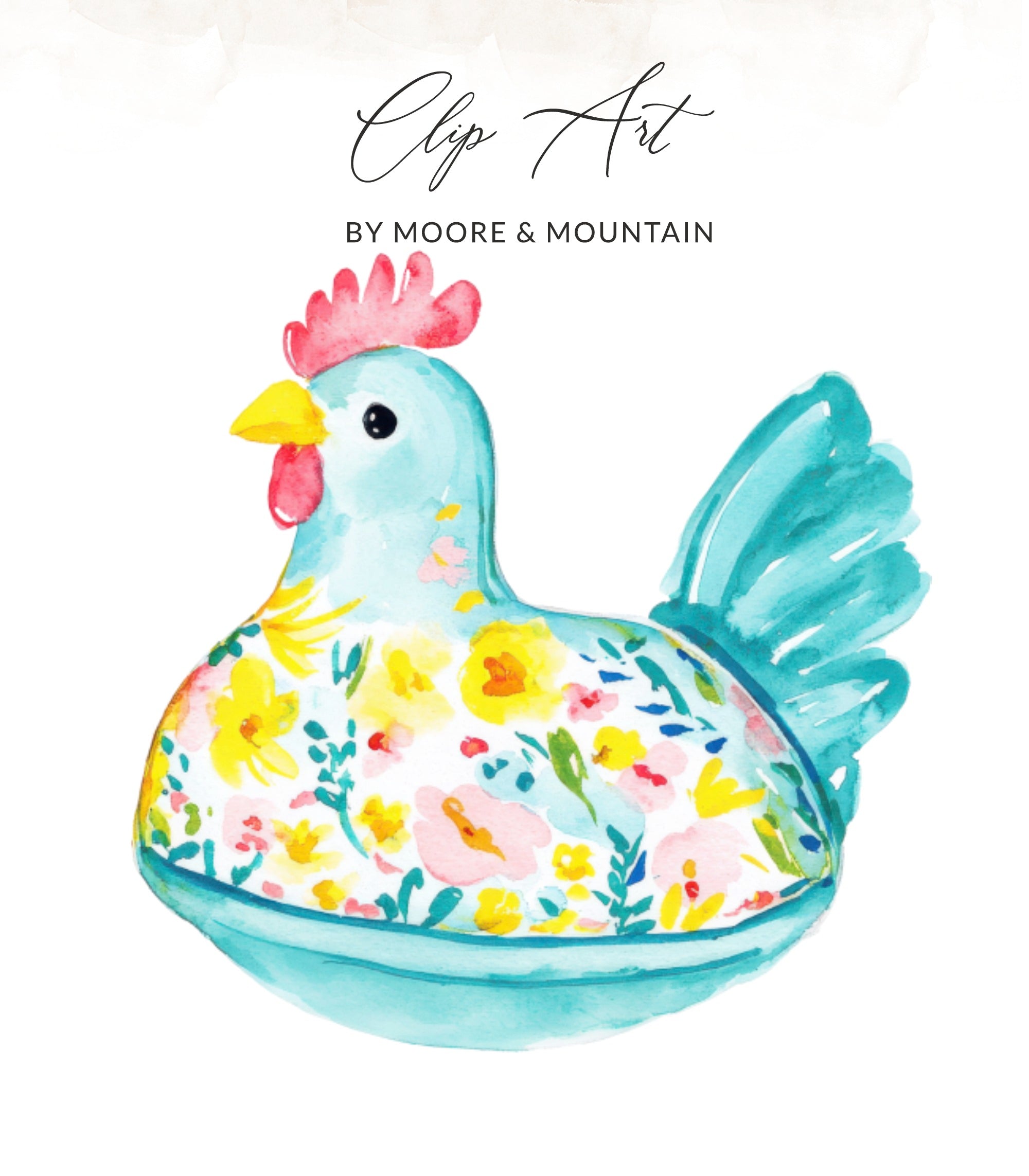Turquoise chicken with floral pattern, "Clip Art" title by Moore & Mountain.