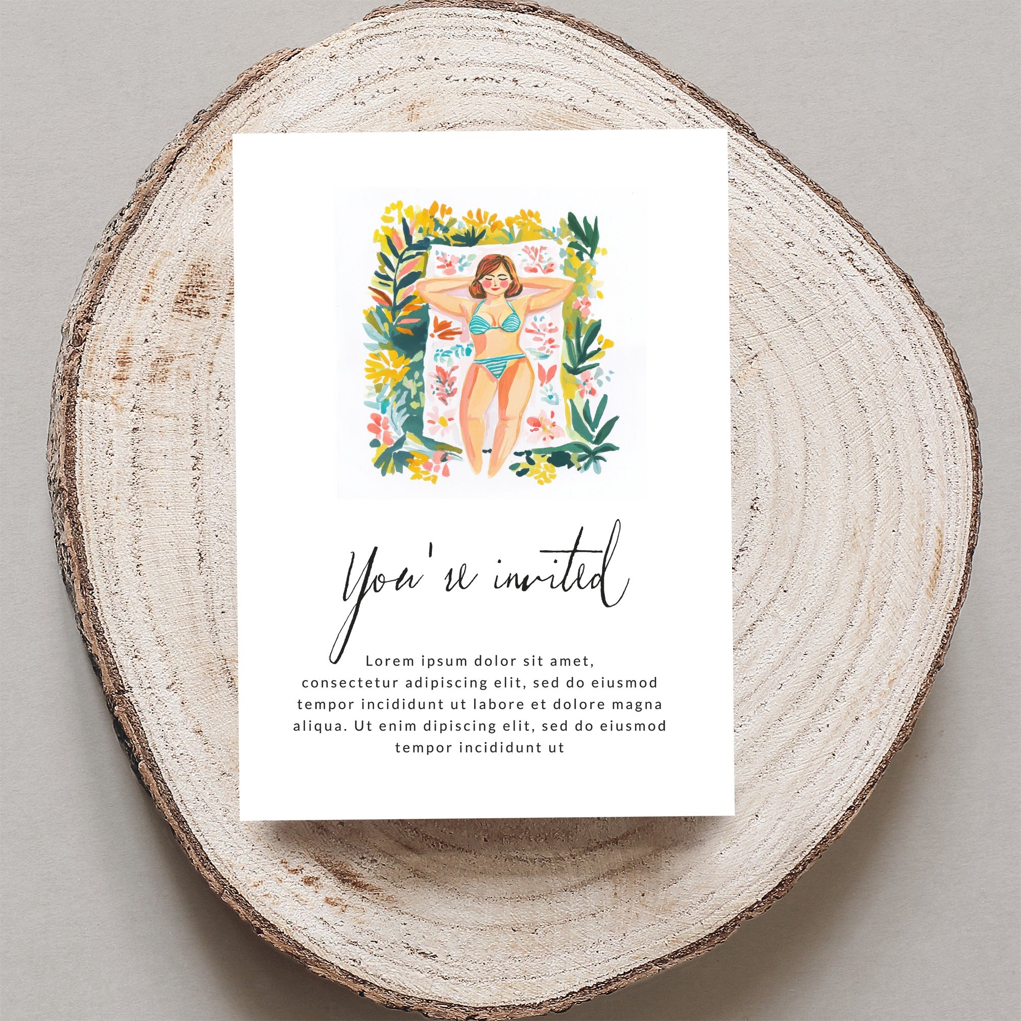 Invitation with "You're invited" and placeholder text, featuring a person sunbathing.