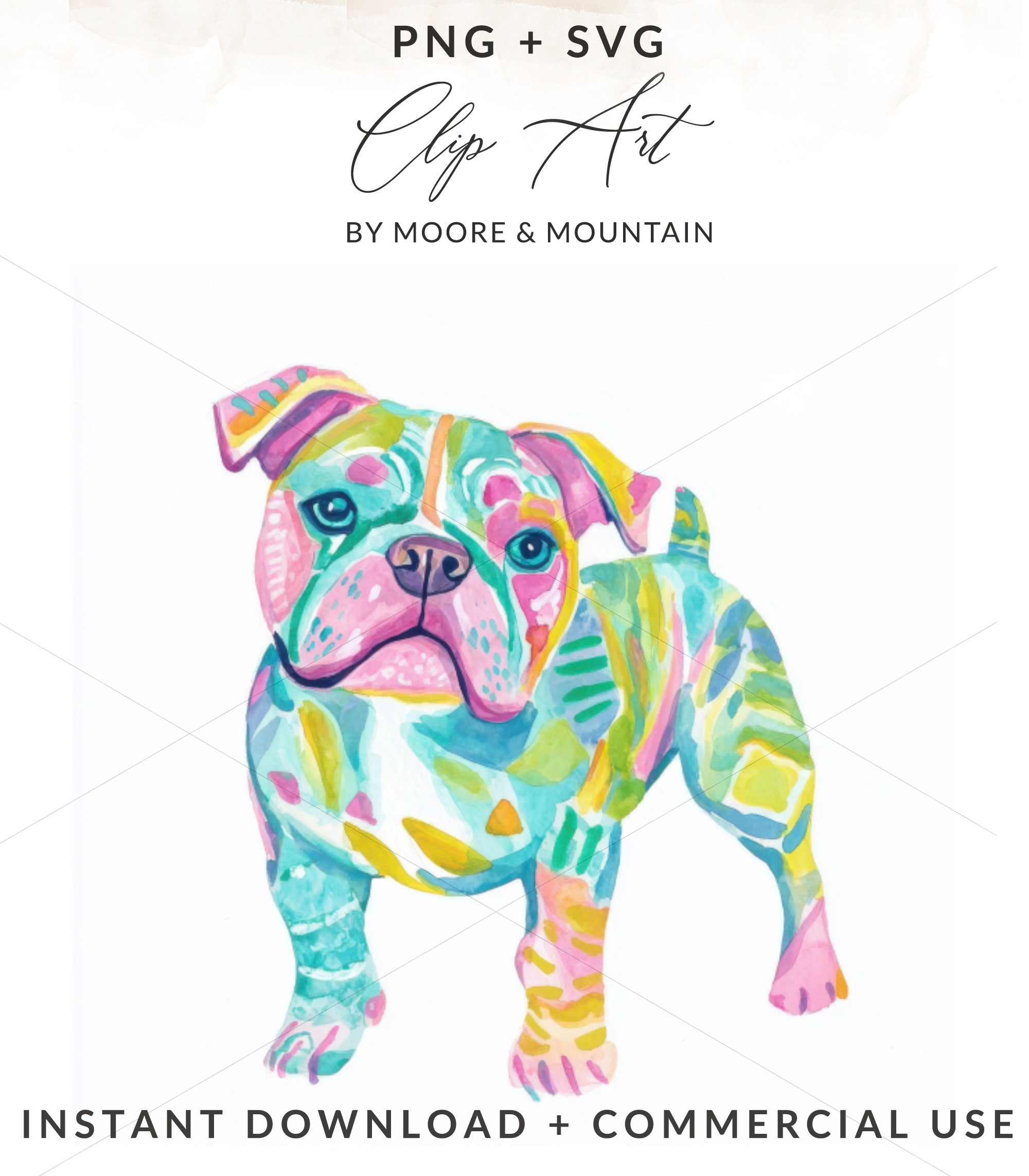 Colorful abstract bulldog clip art with "PNG + SVG" and "Instant Download" text.