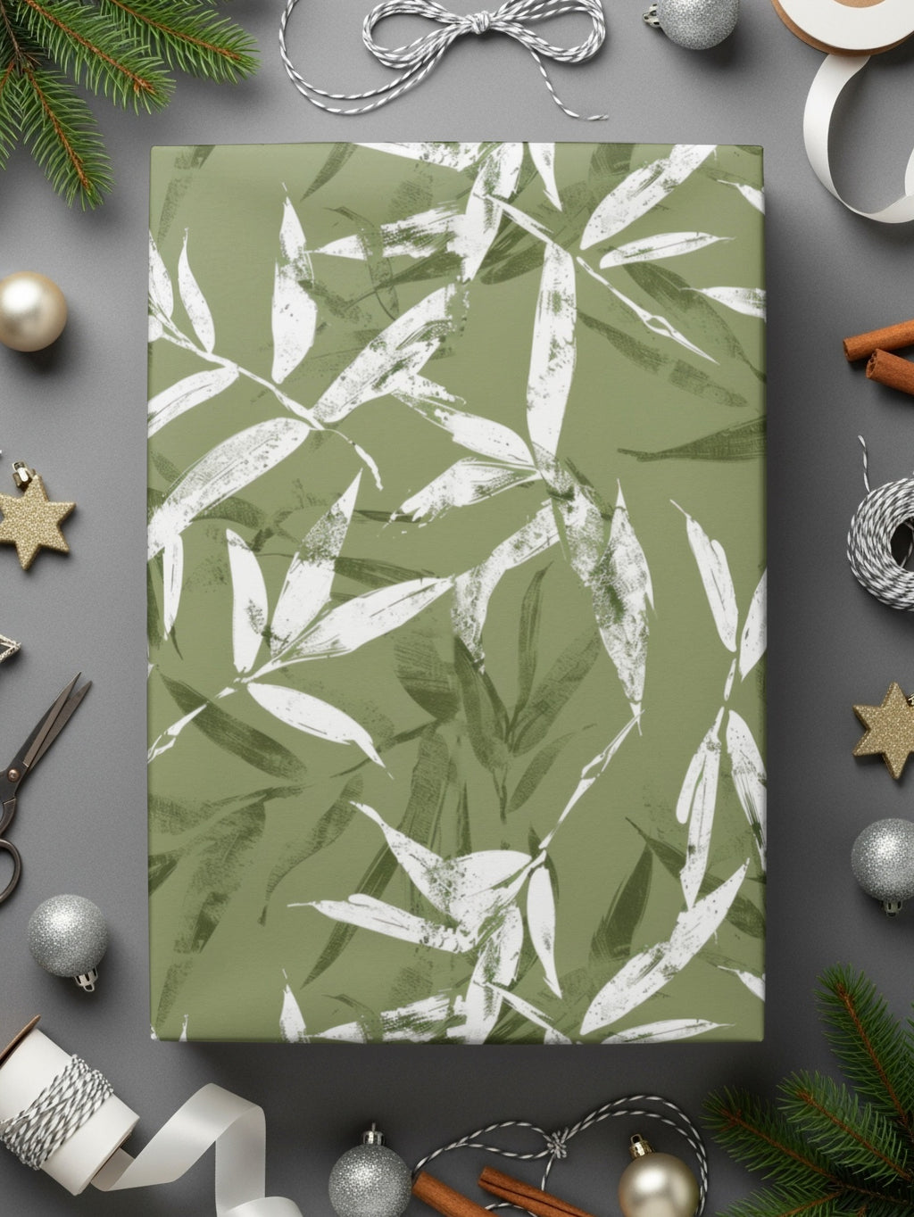Elegant Leaf Pattern Green Wrapping Paper for Holiday Gifts