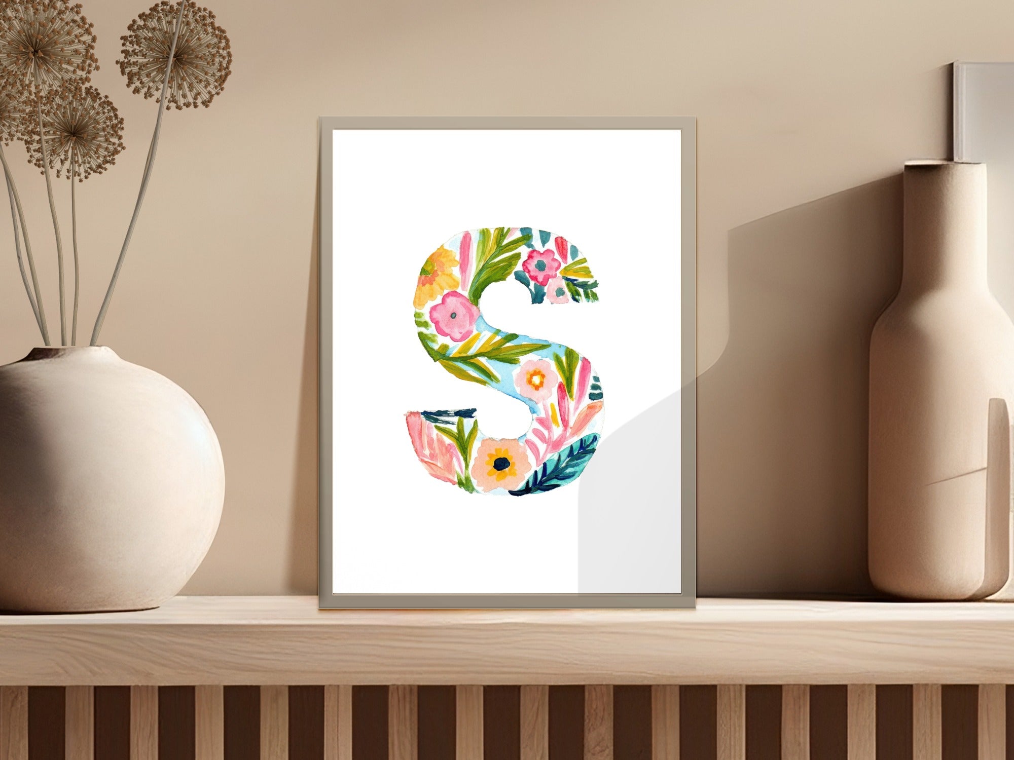 Floral letter S art print with watercolor flowers and leaves.