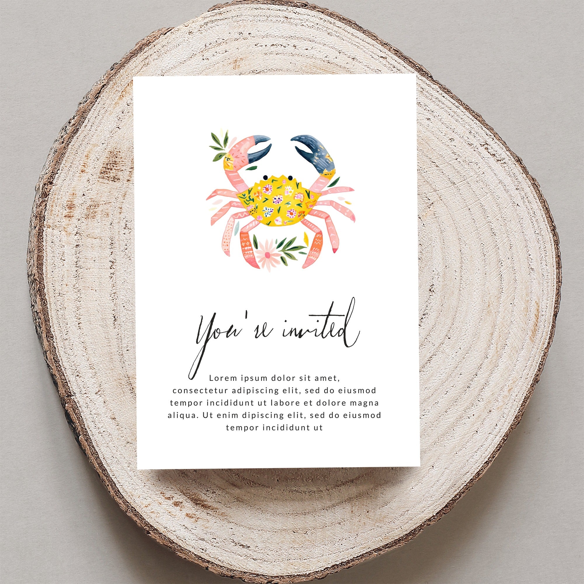 Floral crab illustration on "You're invited" card with placeholder text.