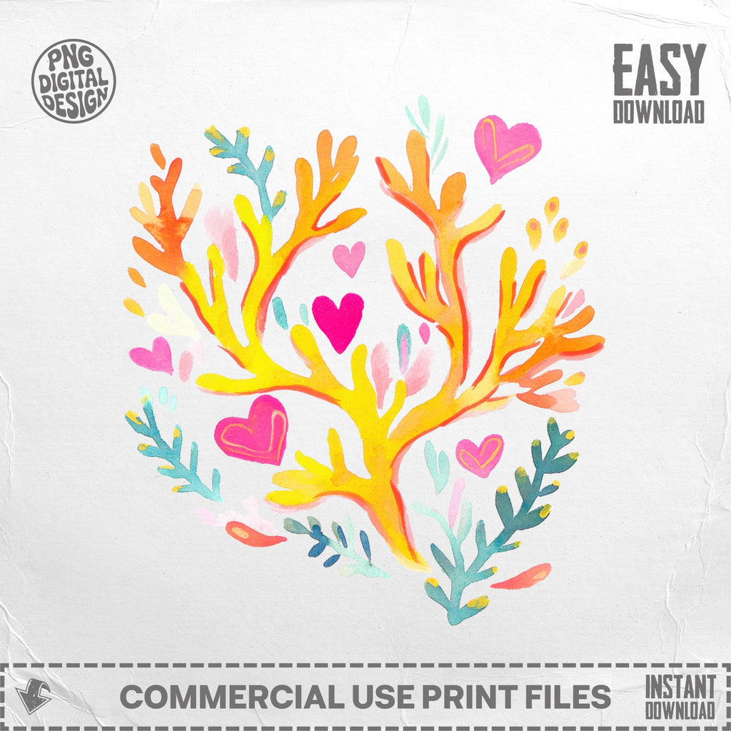 Watercolor illustration of coral with hearts and leaves, "Easy Download".
