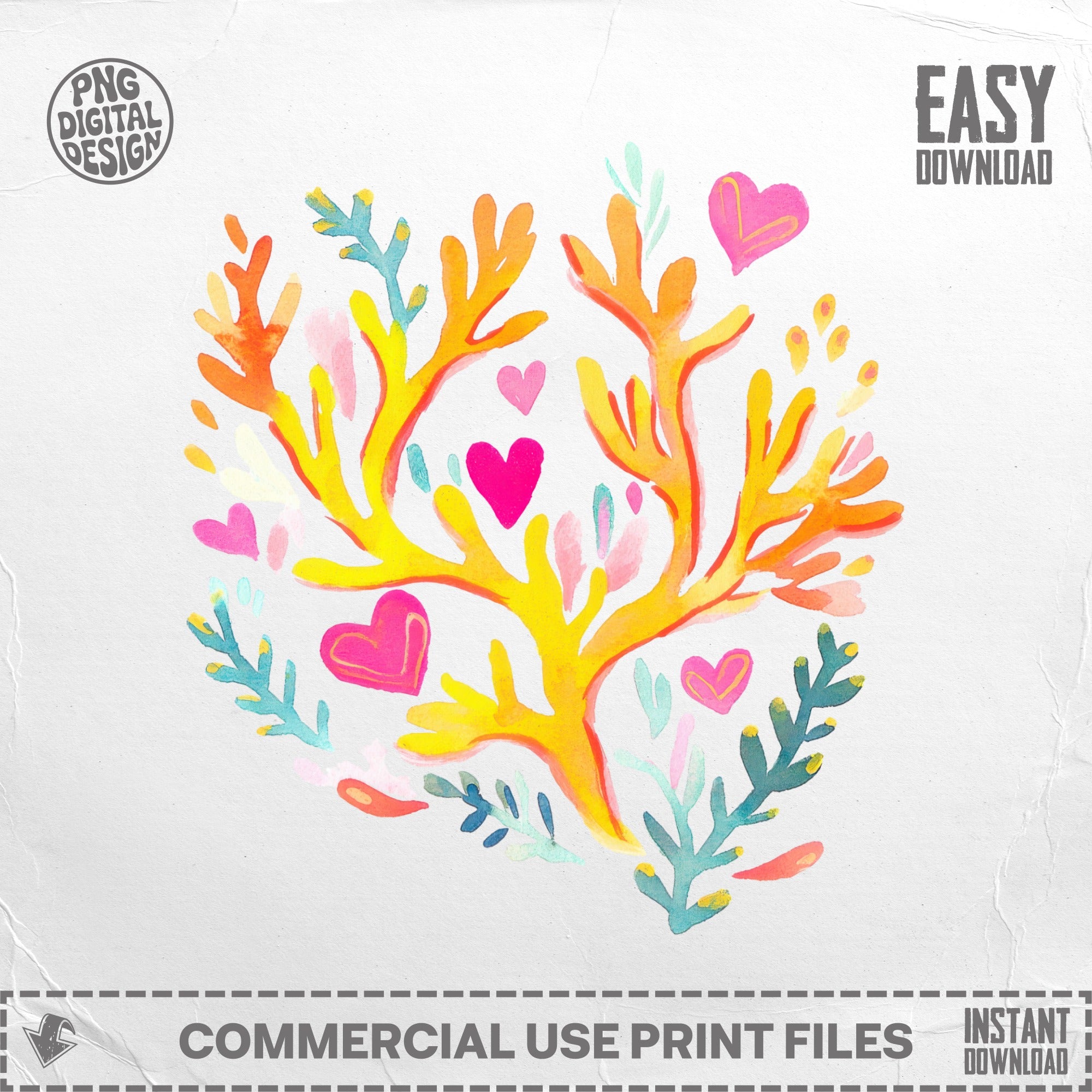 Watercolor illustration of coral with hearts and leaves, "Easy Download".