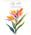 Watercolor bird of paradise flowers and leaves with "Clip Art" text.