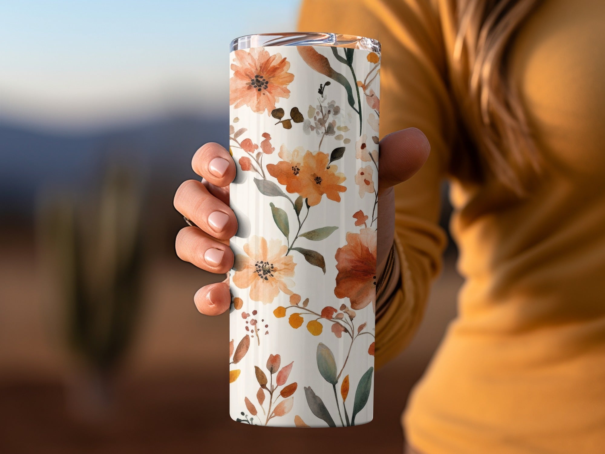 Floral Print Travel Tumbler with Autumn Leaves Design