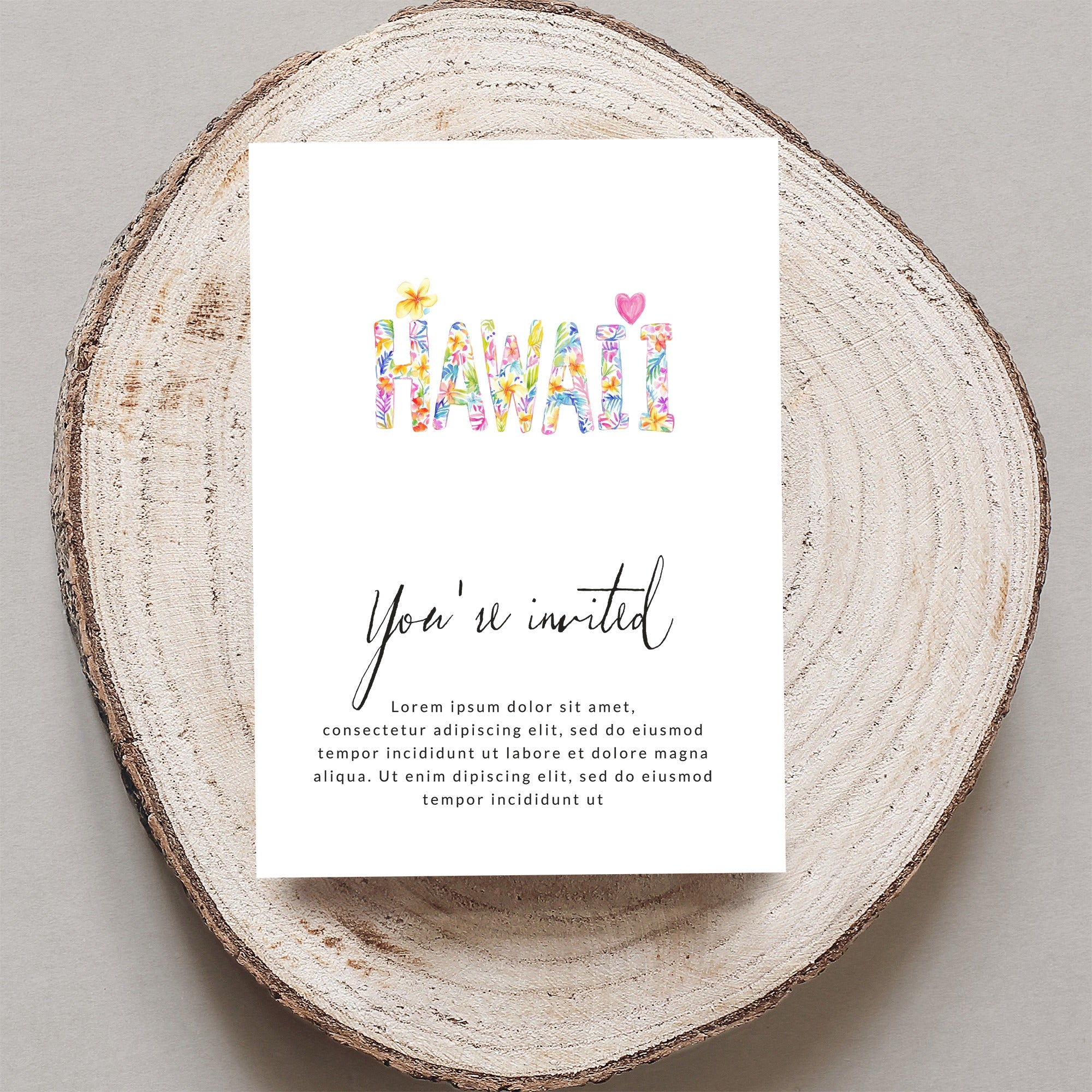 Hawaii invitation with floral letters and placeholder text.
