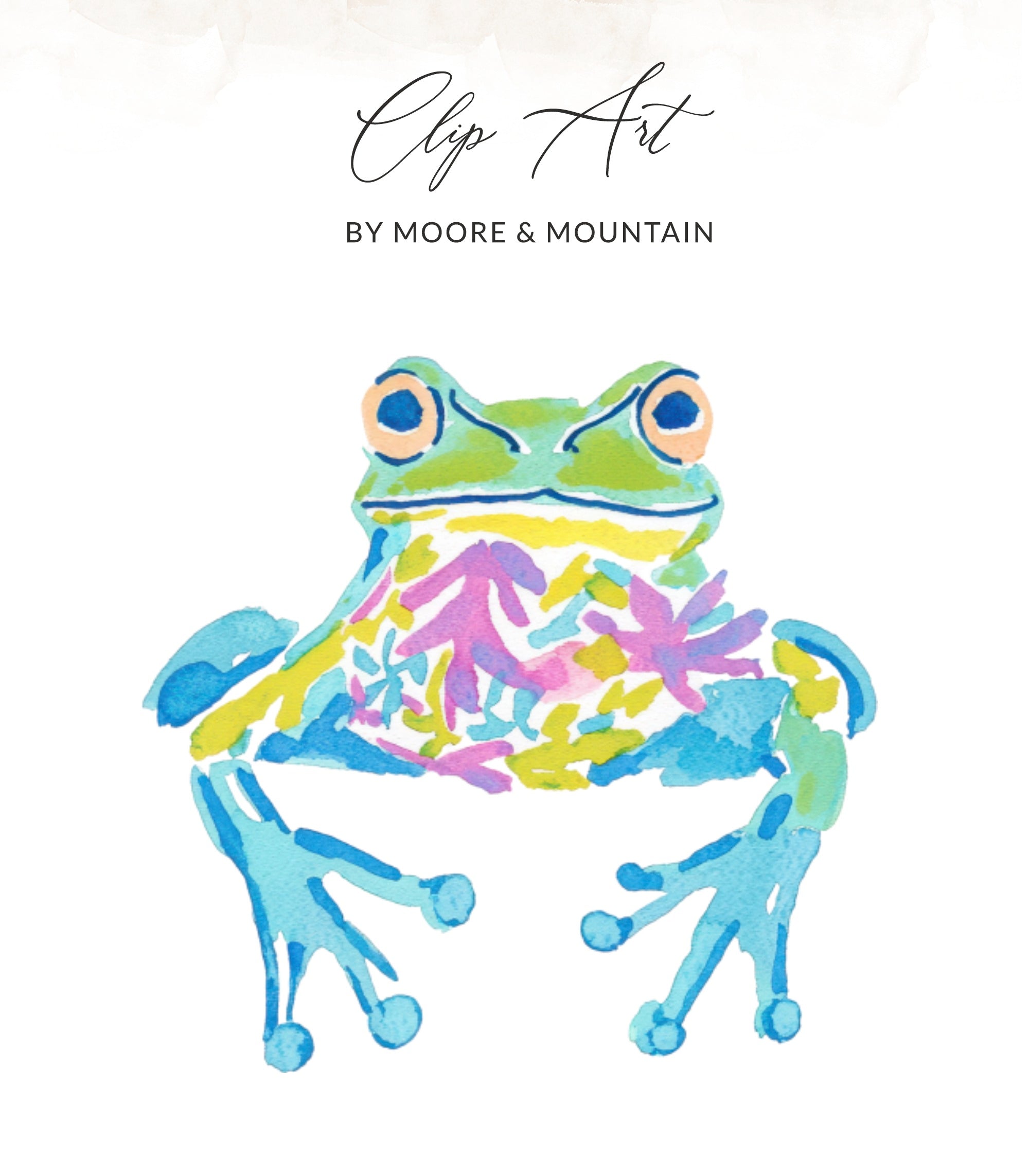 Watercolor illustration of a colorful frog with "Clip Art" text above.