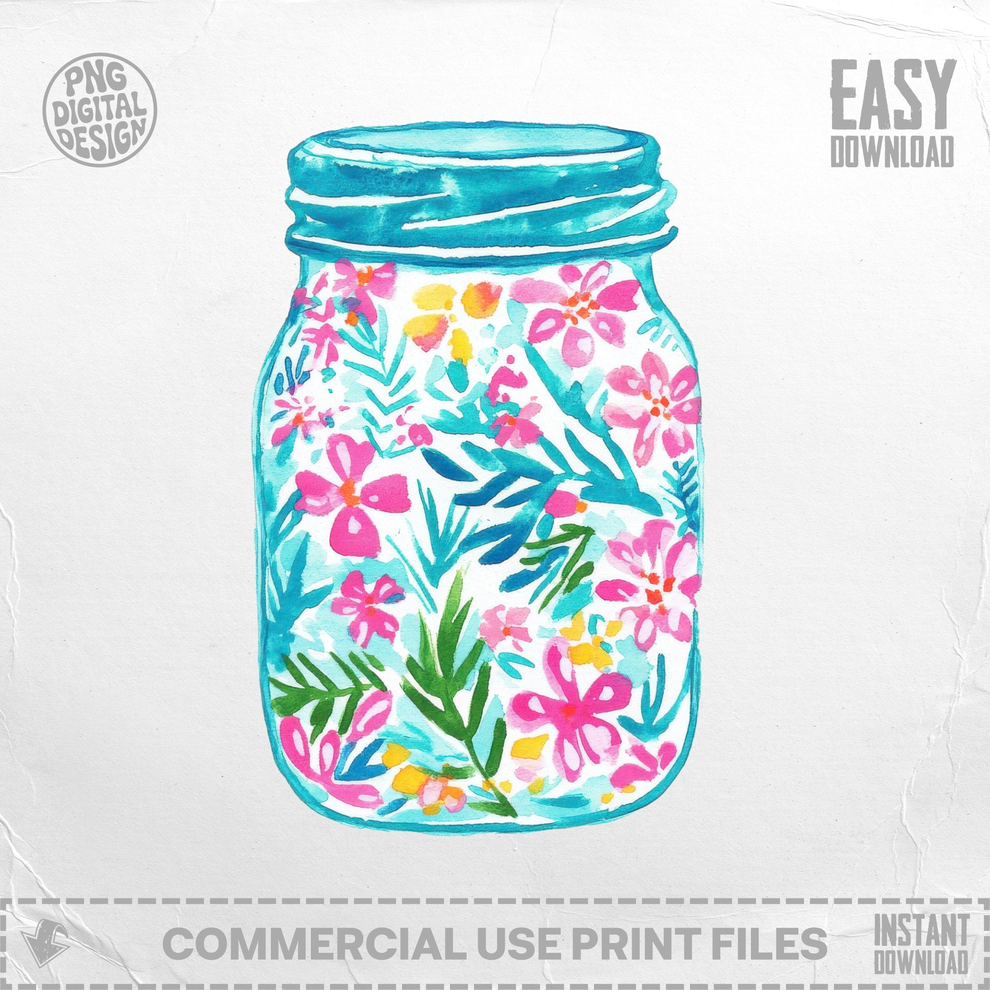 Watercolor illustration of a mason jar filled with pink and blue flowers and green leaves.