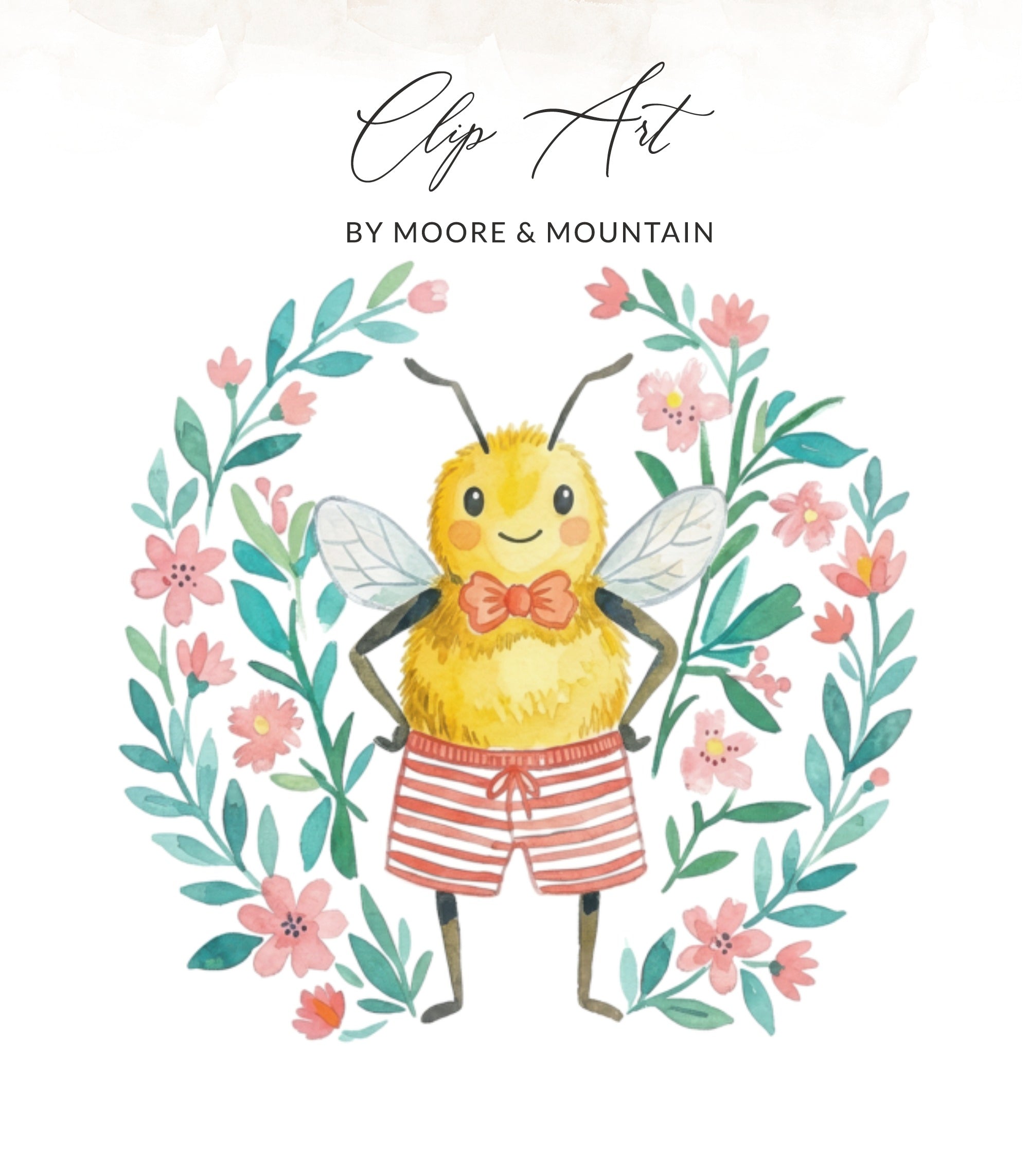 Cartoon bee wearing striped shorts and a bowtie, surrounded by flowers.