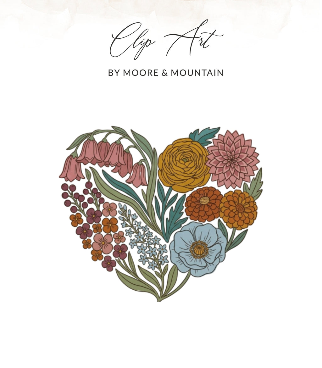 Heart-shaped floral arrangement with "Clip Art by Moore & Mountain" text.