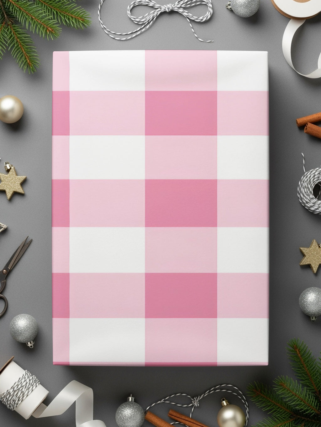 Pink Checkered Gift Wrap With Holiday Decorations