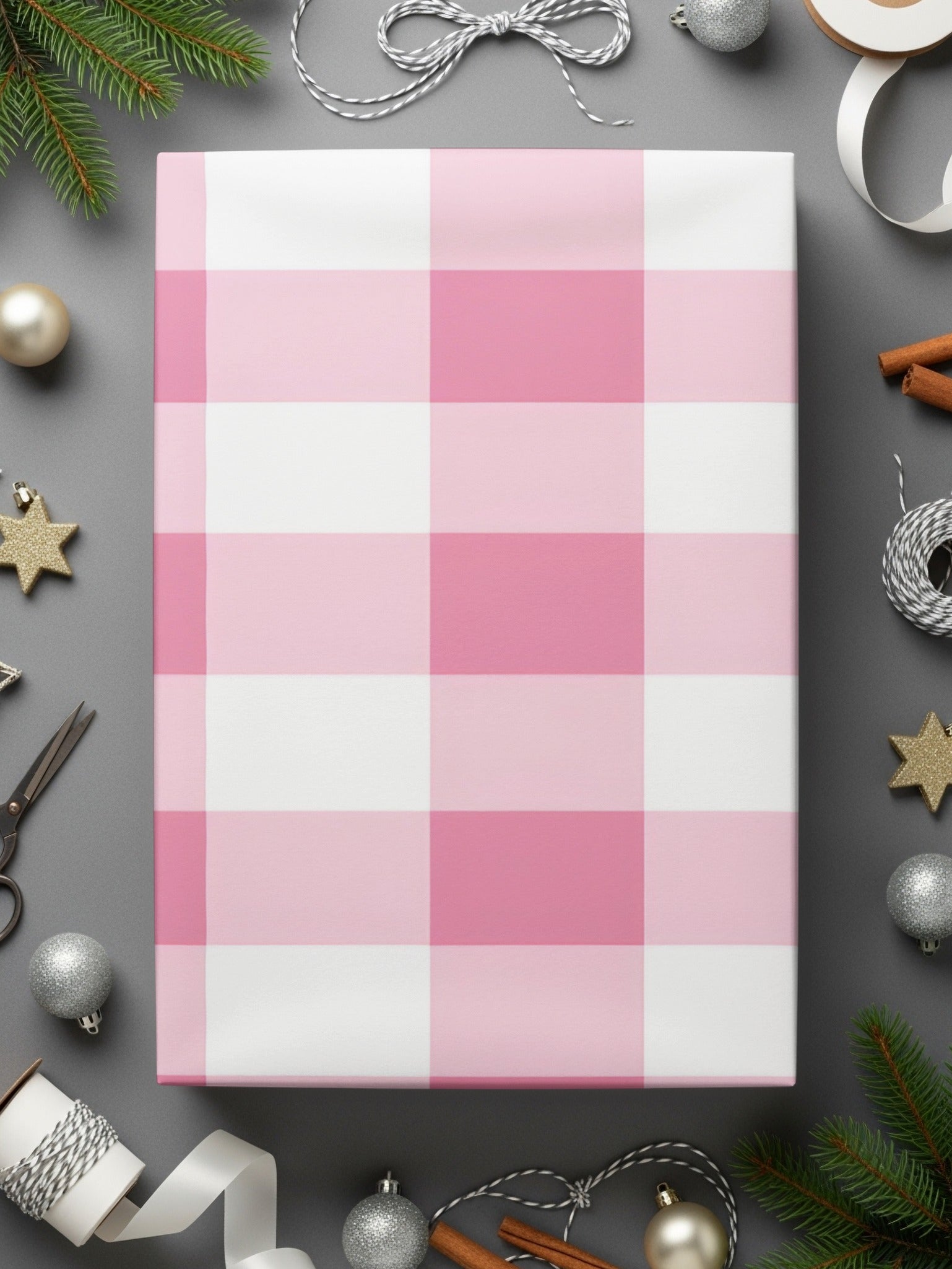 Pink Checkered Gift Wrap With Holiday Decorations