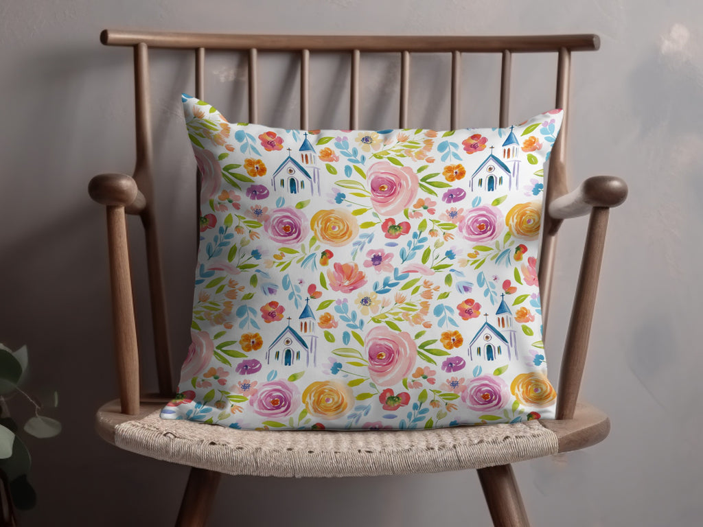Colorful Floral Pattern With Houses Design Pillow